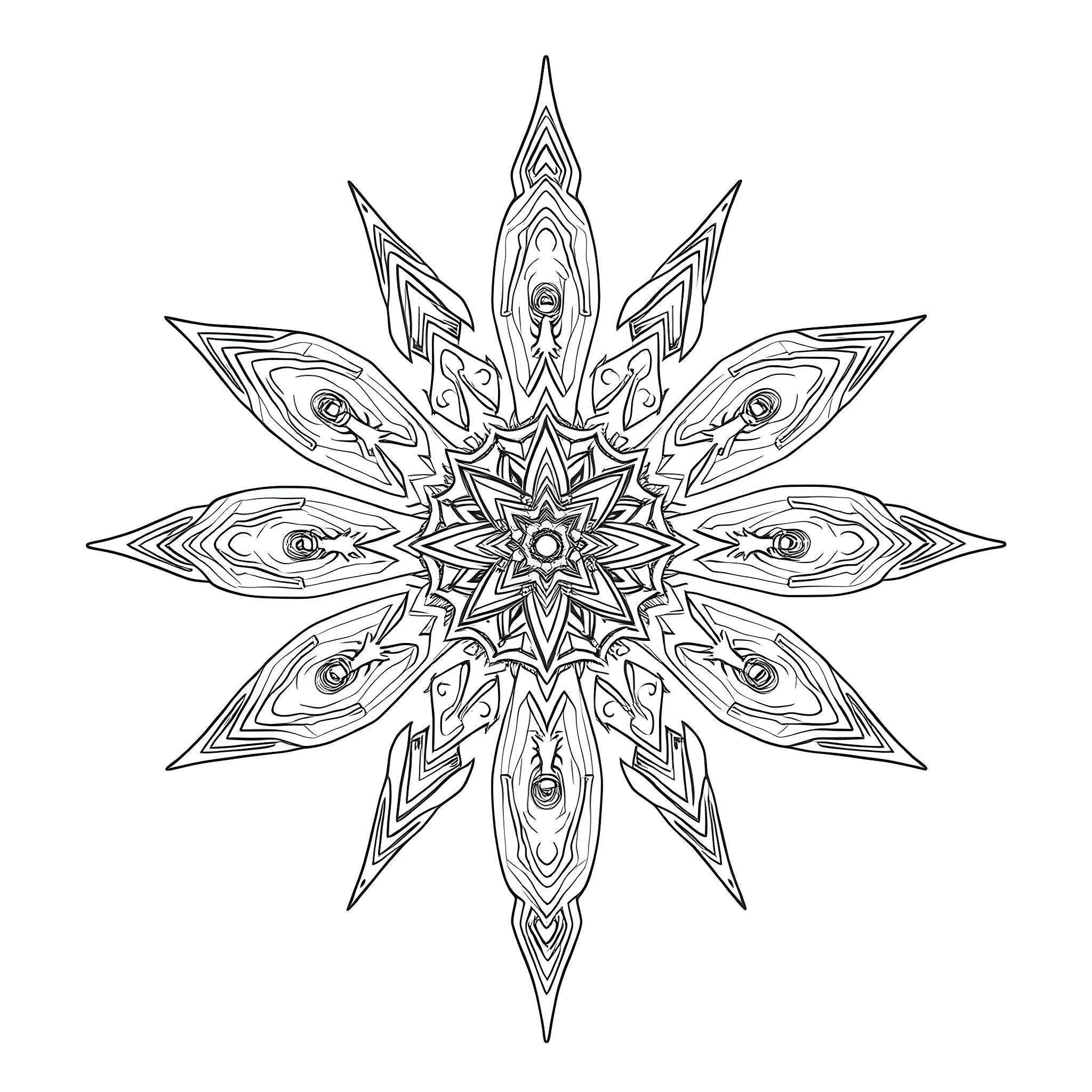 Mandala with intricate geometric patterns Coloring Page (free black-and-white line drawing printable PDF for all, from beginners to advanced learners, including children, teens, adults, and seniors)