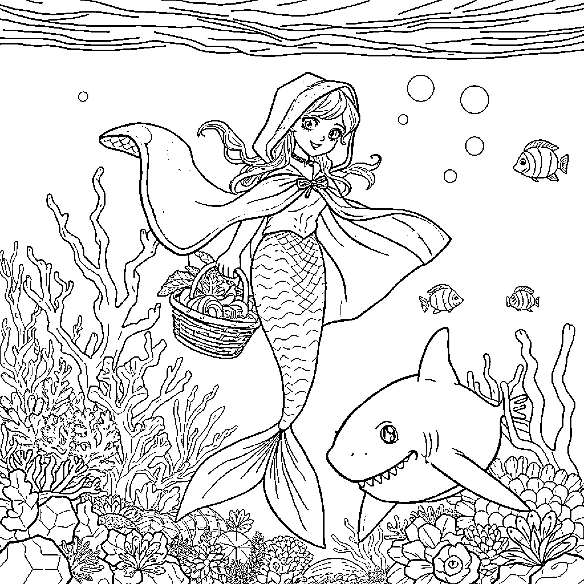 Mermaid collecting seashells with friendly shark Coloring Page (free black-and-white line drawing printable PDF for all, from beginners to advanced learners, including children, teens, adults, and seniors)