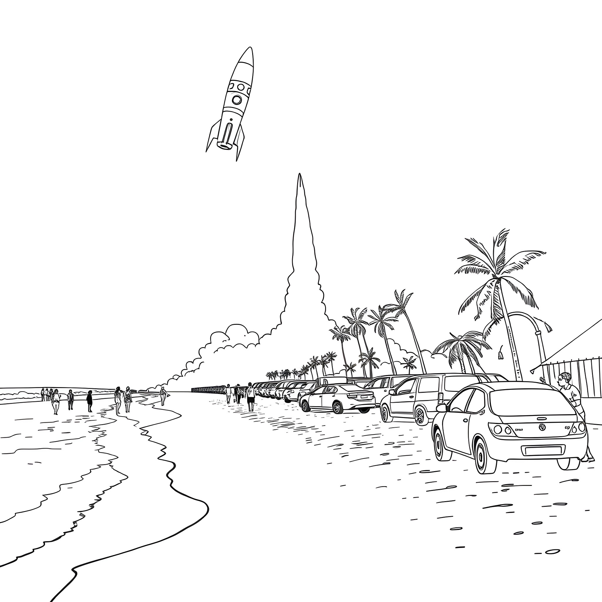 Rocket launch over tropical beach scene Coloring Page (free black-and-white line drawing printable PDF for all, from beginners to advanced learners, including children, teens, adults, and seniors)