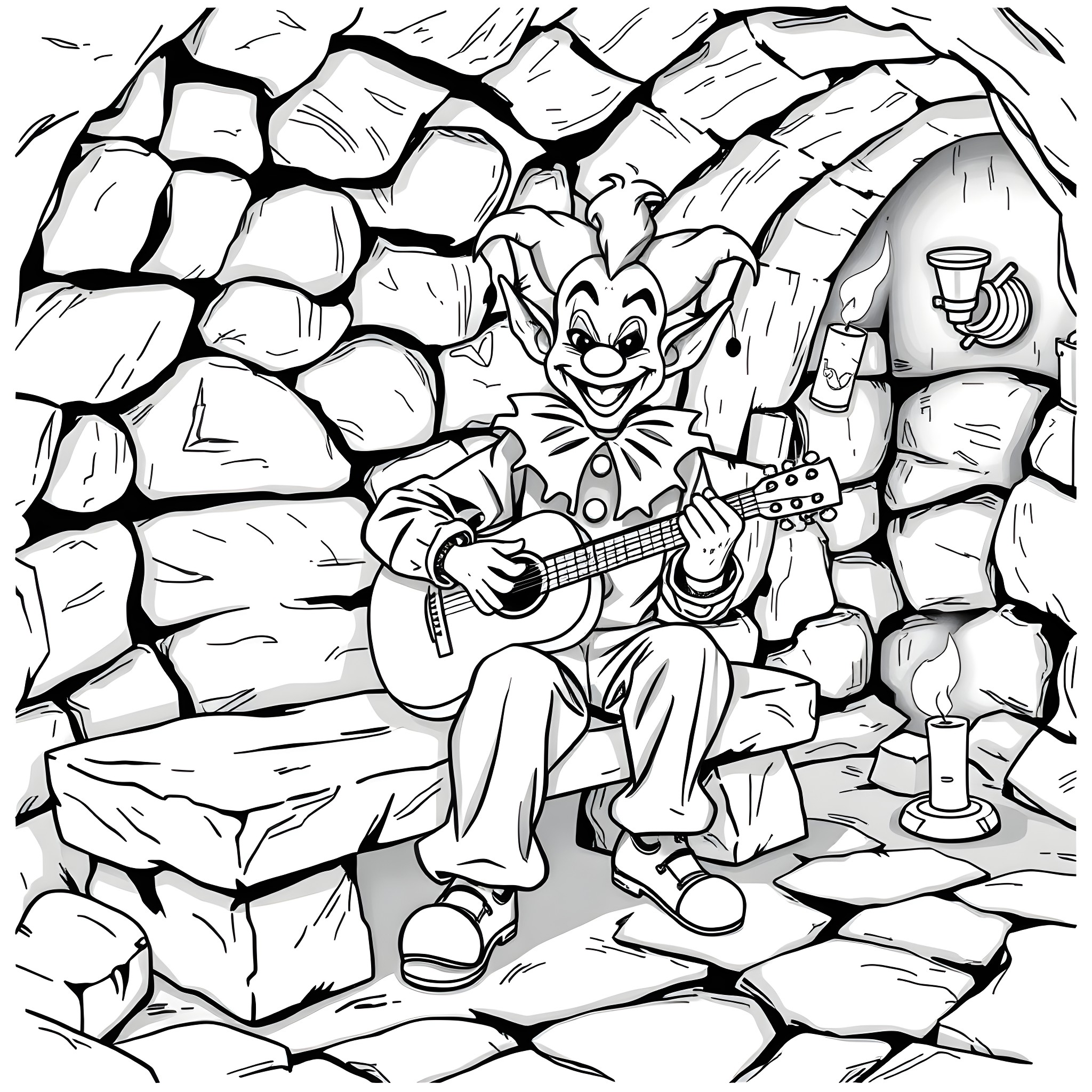 Clown Performing with Guitar in Rocky Cave Coloring Page (free black-and-white line drawing printable PDF for all, from beginners to advanced learners, including children, teens, adults, and seniors)