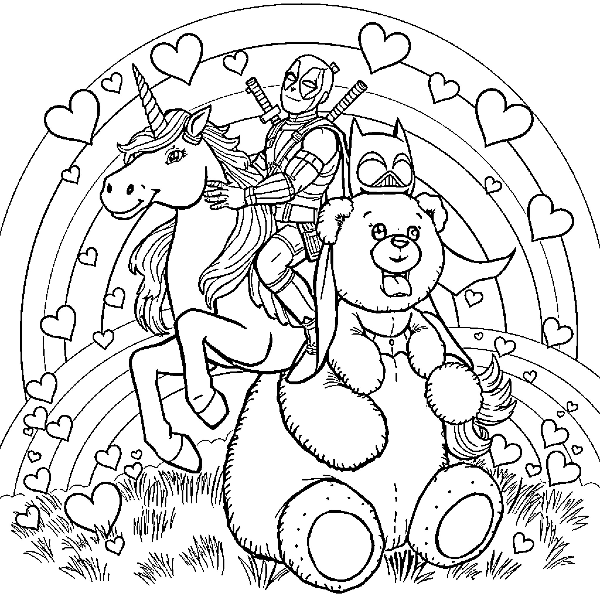 Deadpool's Whimsical Adventure with Unicorn and Plush Toy Coloring Page (free black-and-white line drawing printable PDF for all, from beginners to advanced learners, including children, teens, adults, and seniors)