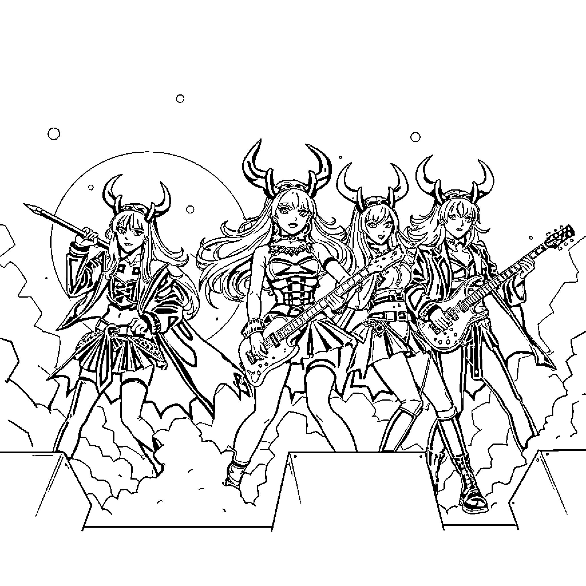 Huntrix Demon Sisters Rocking the Stage Coloring Page (free black-and-white line drawing printable PDF for all, from beginners to advanced learners, including children, teens, adults, and seniors)