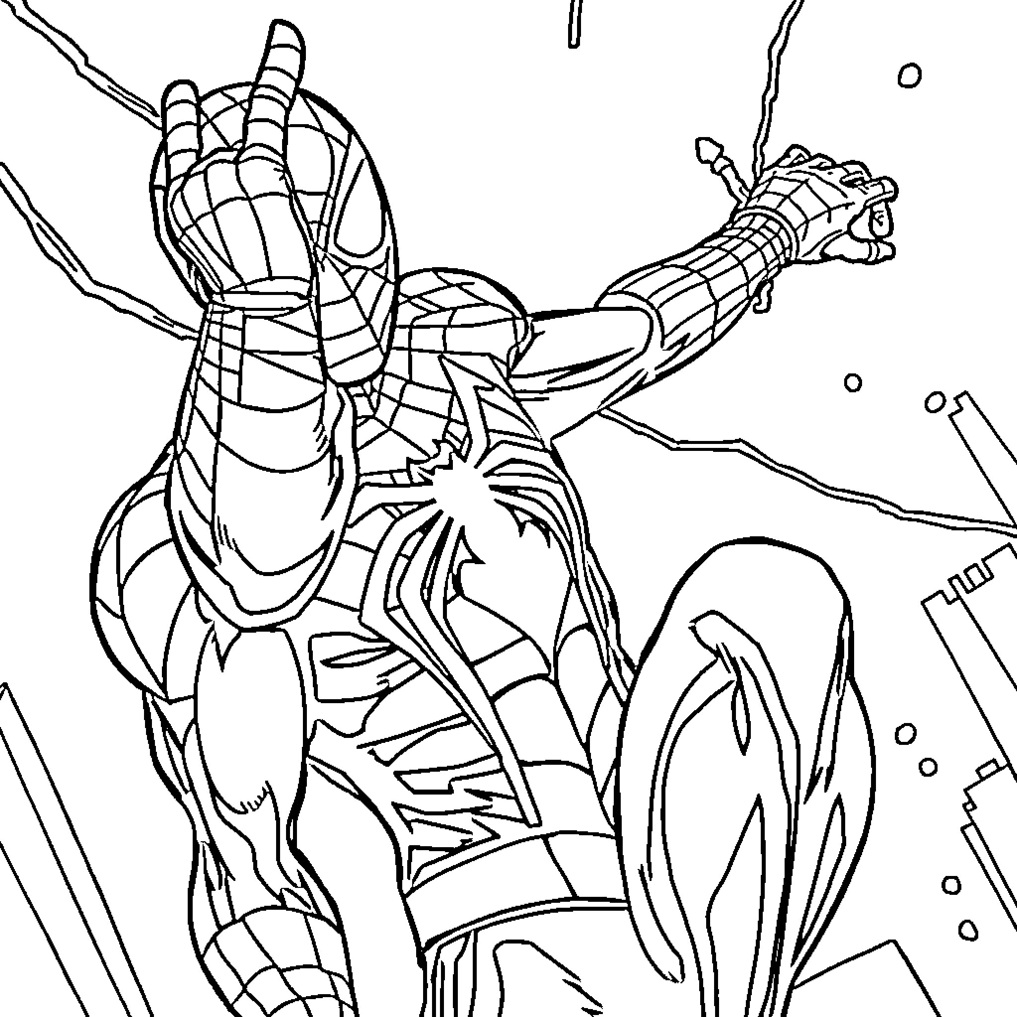 Spiderman swinging through the city in action Coloring Page (free black-and-white line drawing printable PDF for all, from beginners to advanced learners, including children, teens, adults, and seniors)