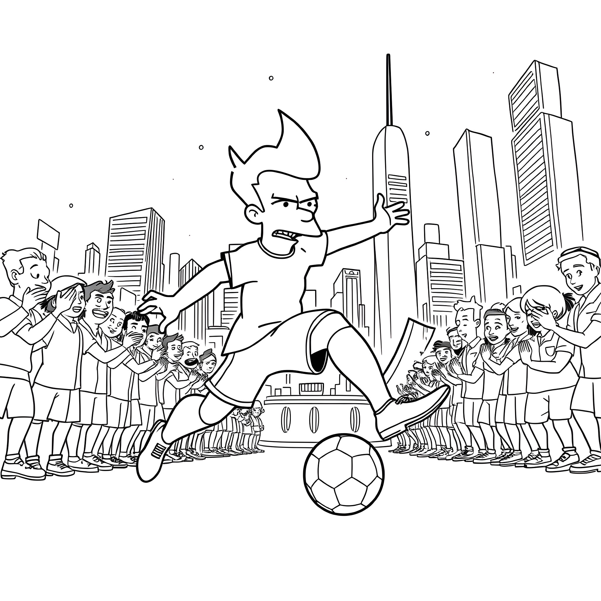 Fry kicking a soccer ball in a cityscape Coloring Page (free black-and-white line drawing printable PDF for all, from beginners to advanced learners, including children, teens, adults, and seniors)