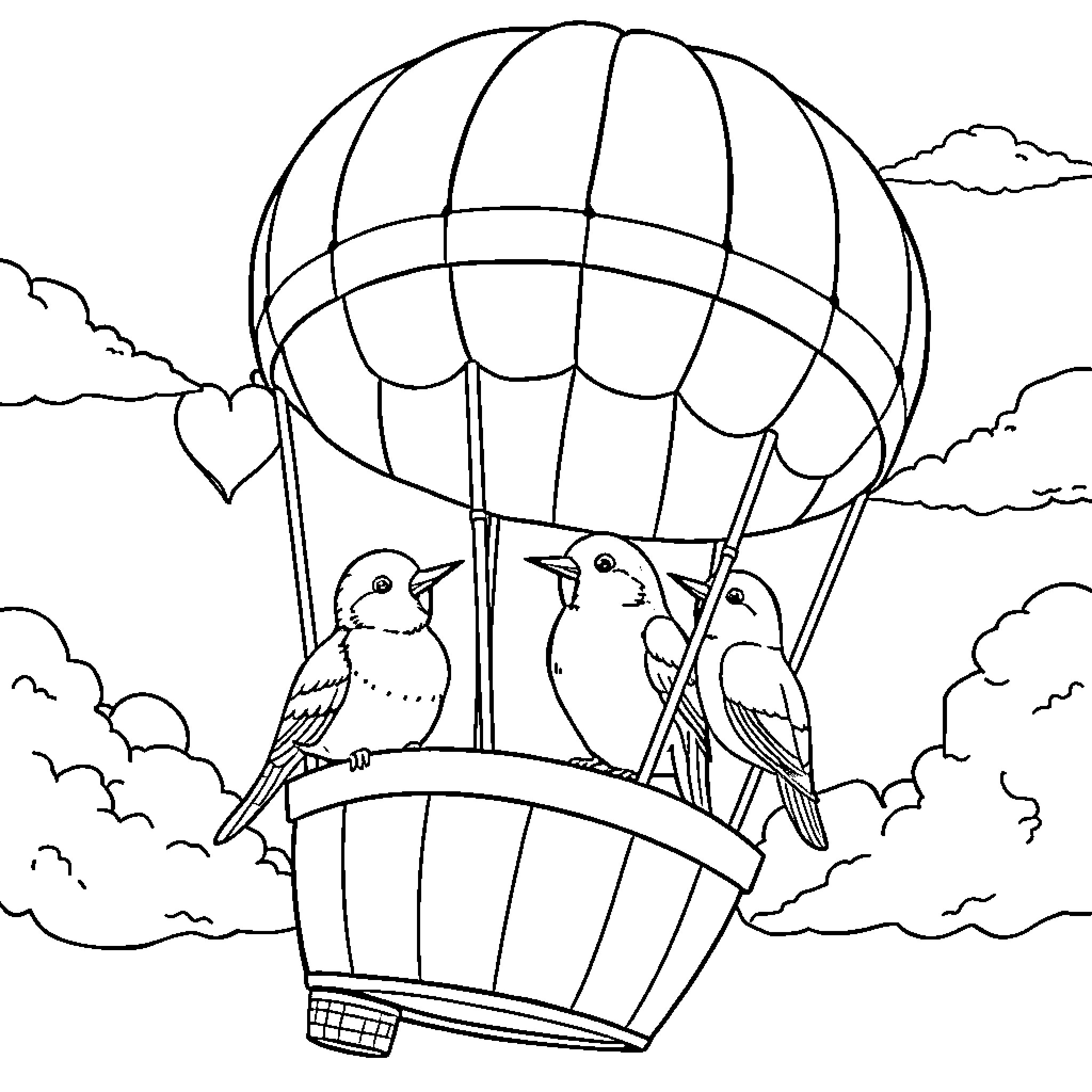 Birds riding in a hot air balloon Coloring Page (free black-and-white line drawing printable PDF for all, from beginners to advanced learners, including children, teens, adults, and seniors)