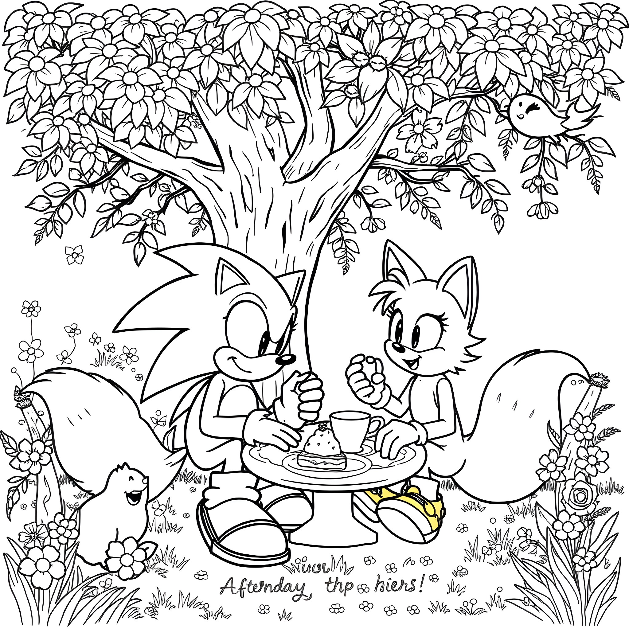 Sonic and Friends Enjoying a Picnic in the Blooming Garden Coloring Page (free black-and-white line drawing printable PDF for all, from beginners to advanced learners, including children, teens, adults, and seniors)