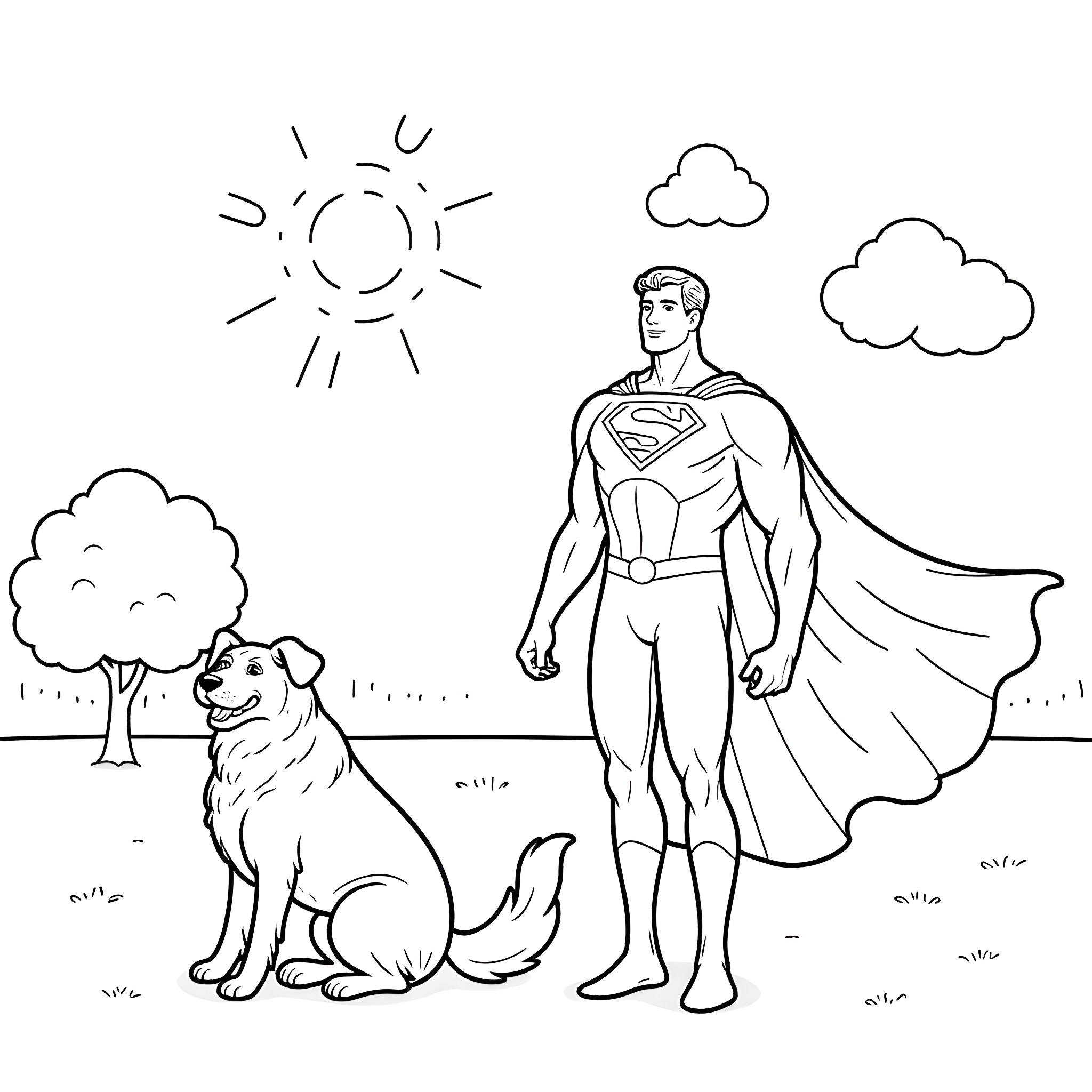 Superman standing with a dog in a nature scene Coloring Page (free black-and-white line drawing printable PDF for all, from beginners to advanced learners, including children, teens, adults, and seniors)