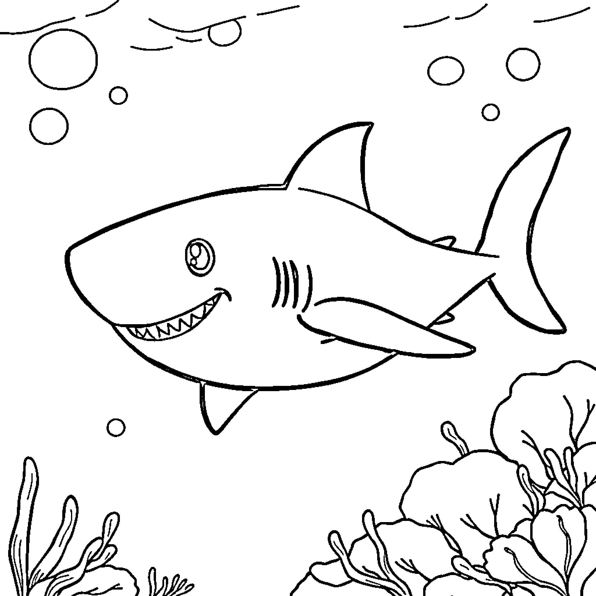 Shark swimming through the underwater scene Coloring Page (free black-and-white line drawing printable PDF for all, from beginners to advanced learners, including children, teens, adults, and seniors)