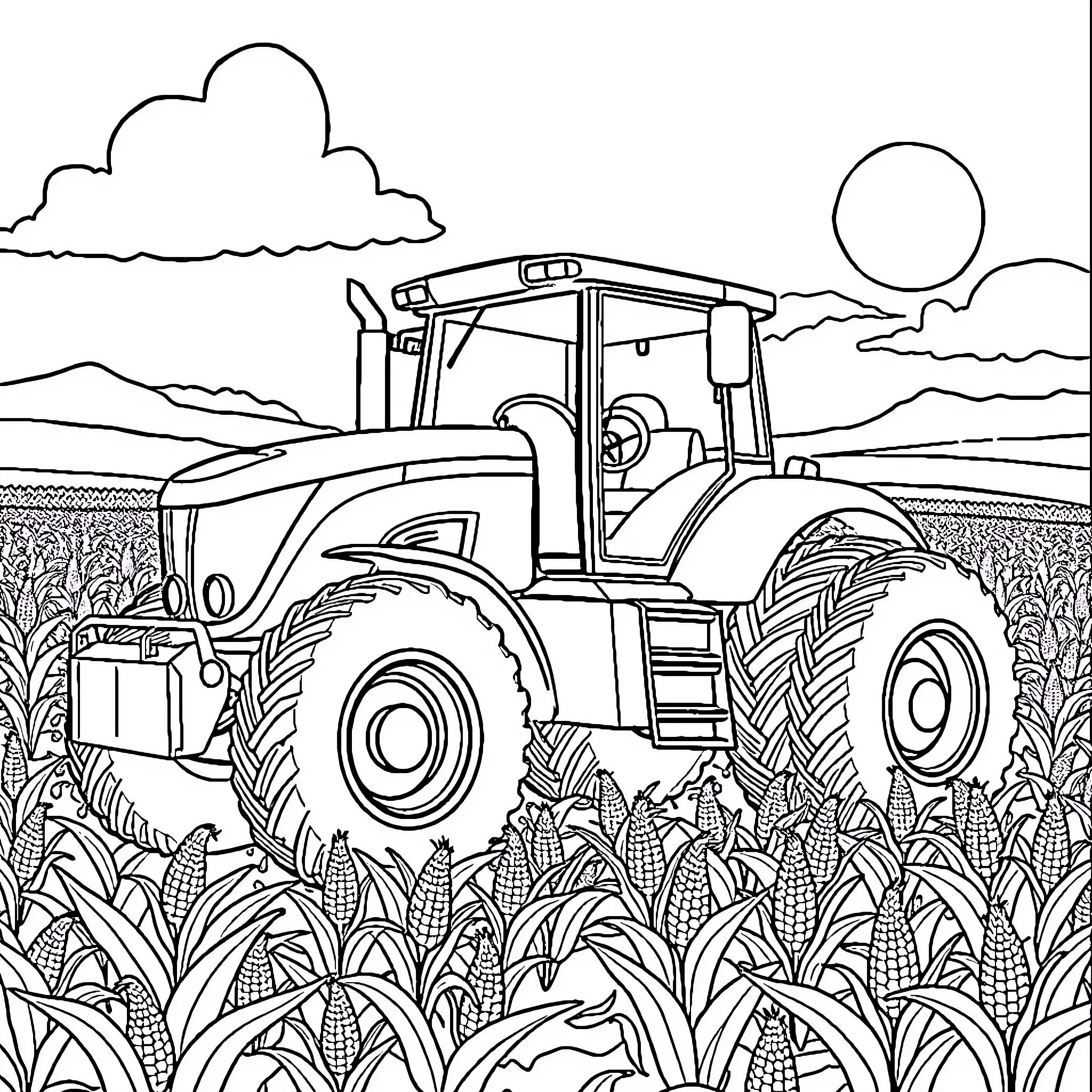 Tractor plowing through a cornfield in the countryside Coloring Page (free black-and-white line drawing printable PDF for all, from beginners to advanced learners, including children, teens, adults, and seniors)