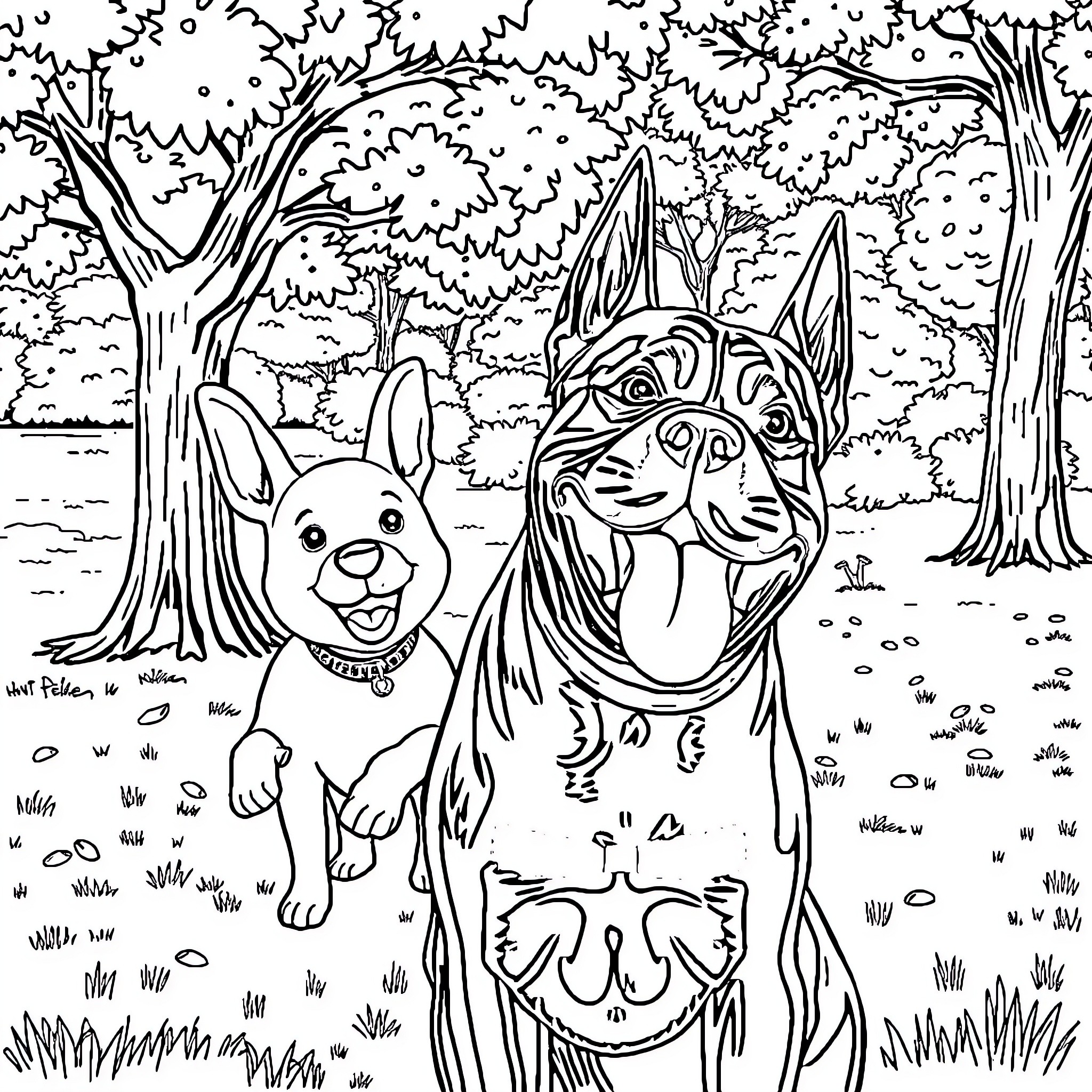 Bluey and Bingo Playing in the Enchanted Forest Coloring Page (free black-and-white line drawing printable PDF for all, from beginners to advanced learners, including children, teens, adults, and seniors)