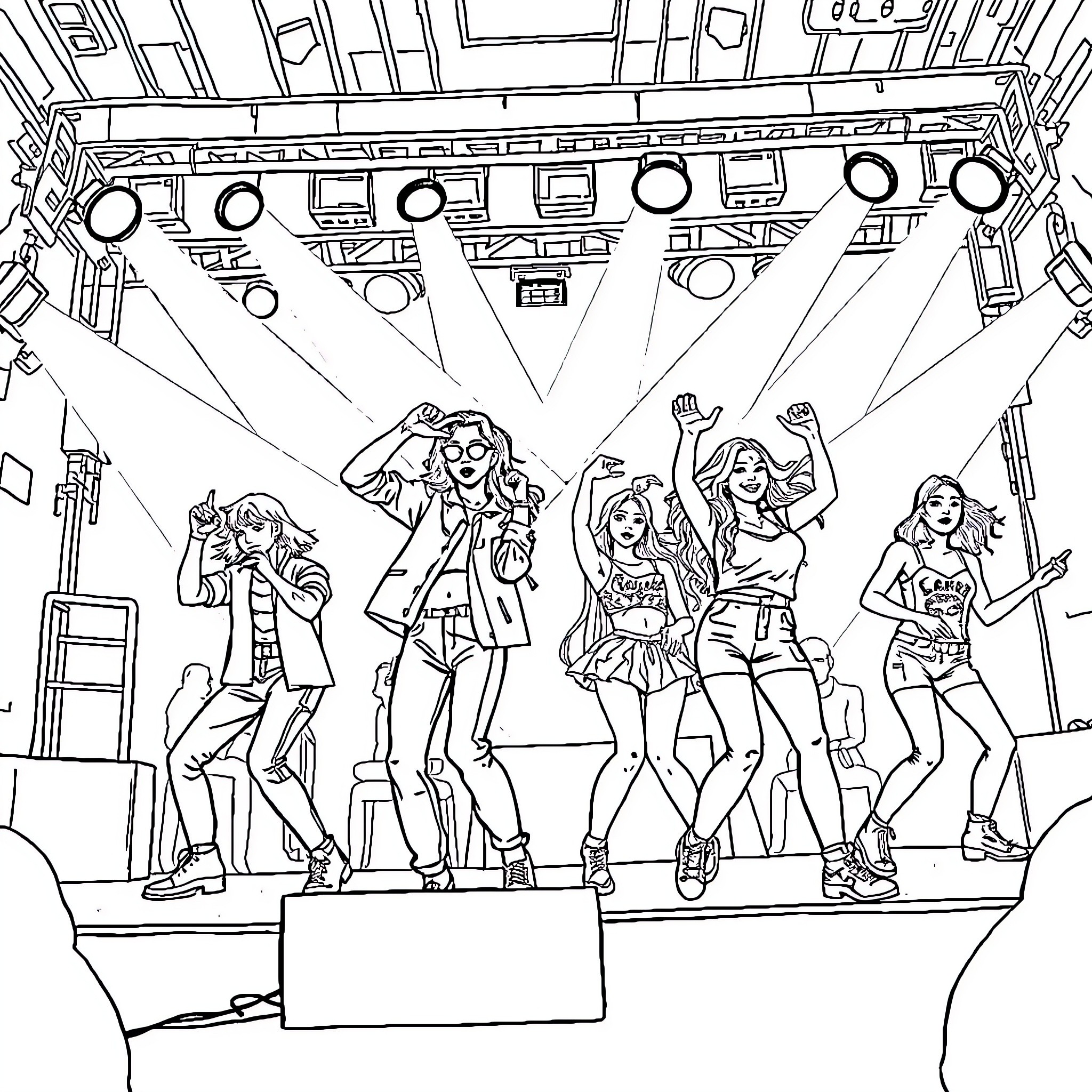 K Pop Performers Energetically Entertaining on Stage Coloring Page (free black-and-white line drawing printable PDF for all, from beginners to advanced learners, including children, teens, adults, and seniors)