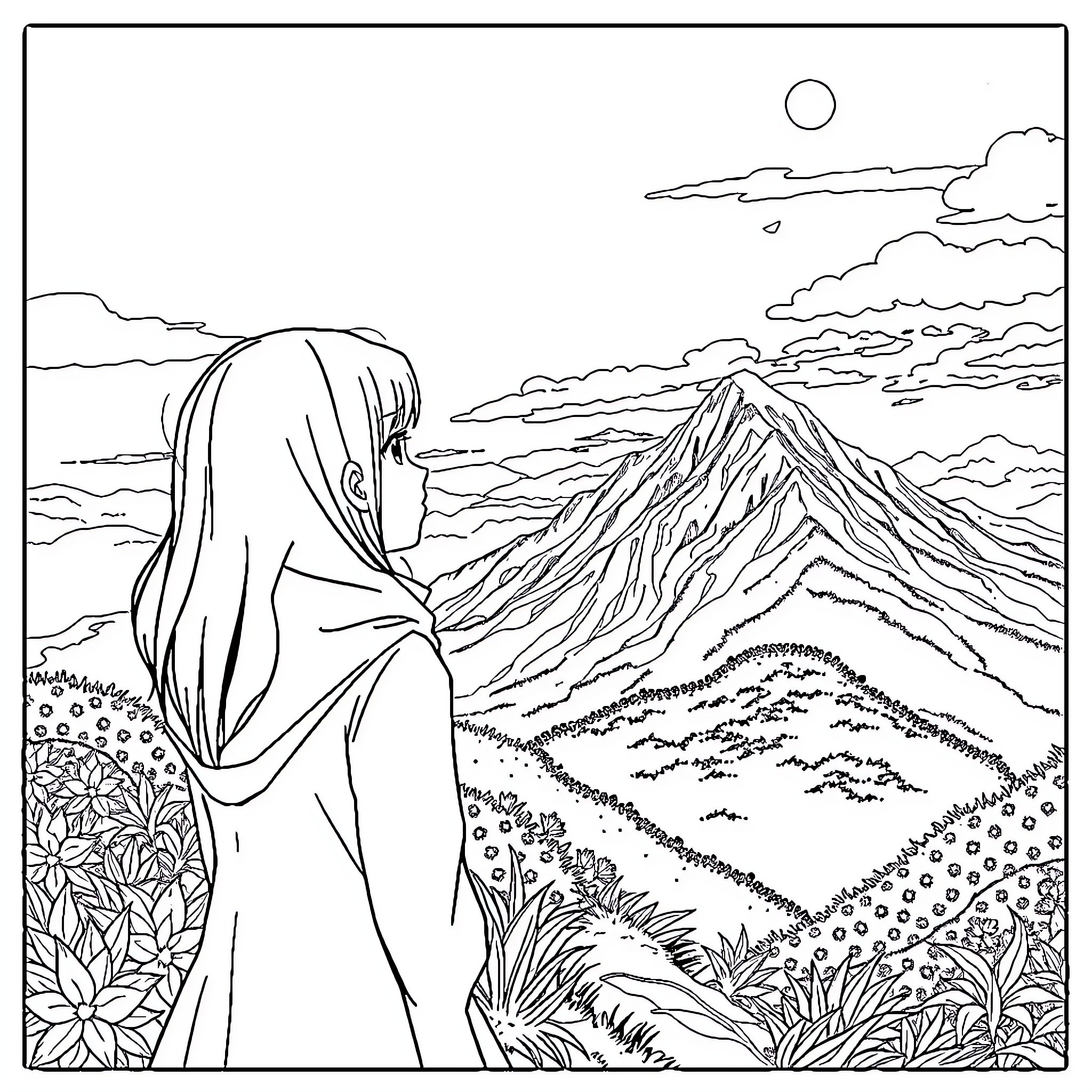 Anime Girl Contemplating the Mountainous Landscape Coloring Page (free black-and-white line drawing printable PDF for all, from beginners to advanced learners, including children, teens, adults, and seniors)