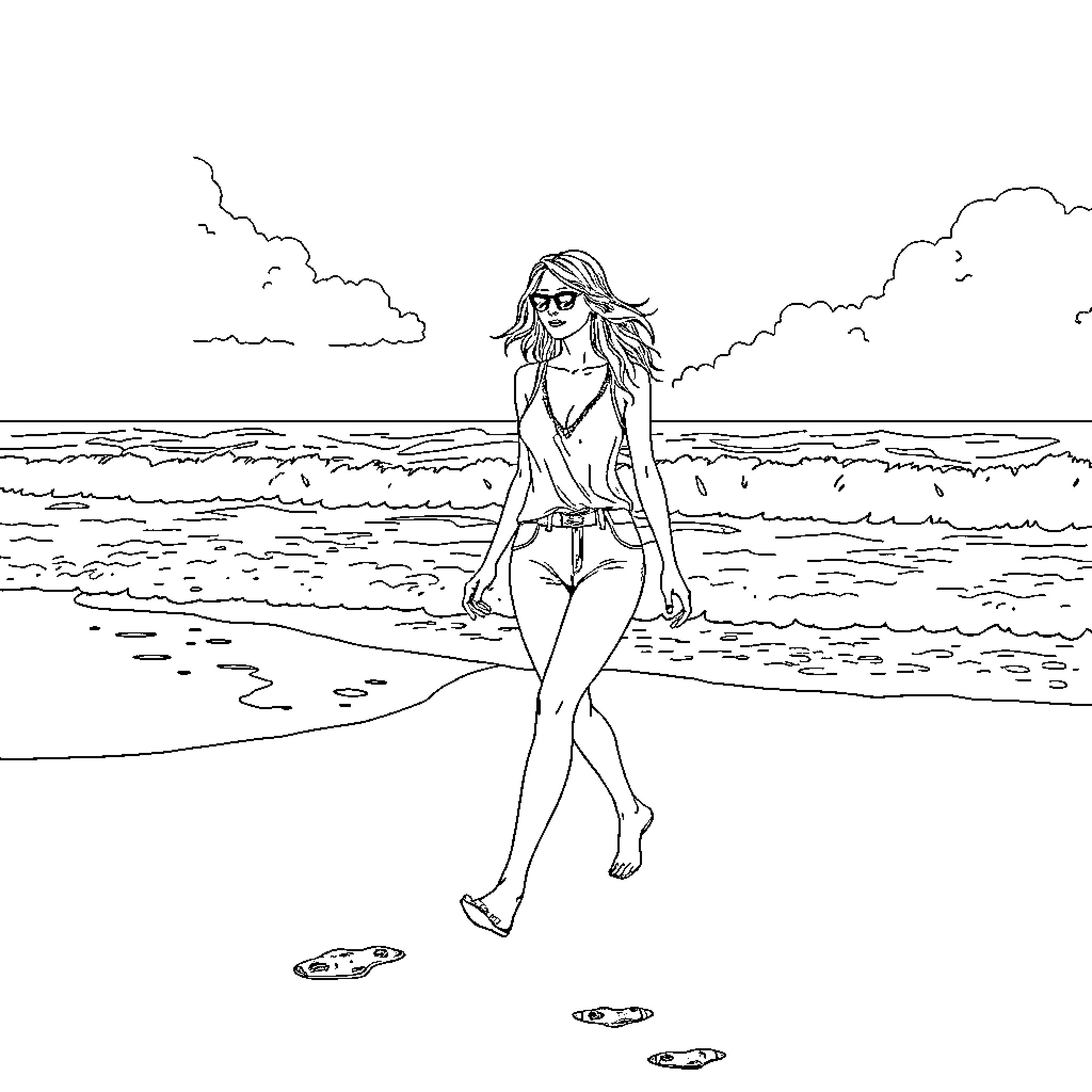 Nicole enjoying a day at the beach Coloring Page (free black-and-white line drawing printable PDF for all, from beginners to advanced learners, including children, teens, adults, and seniors)
