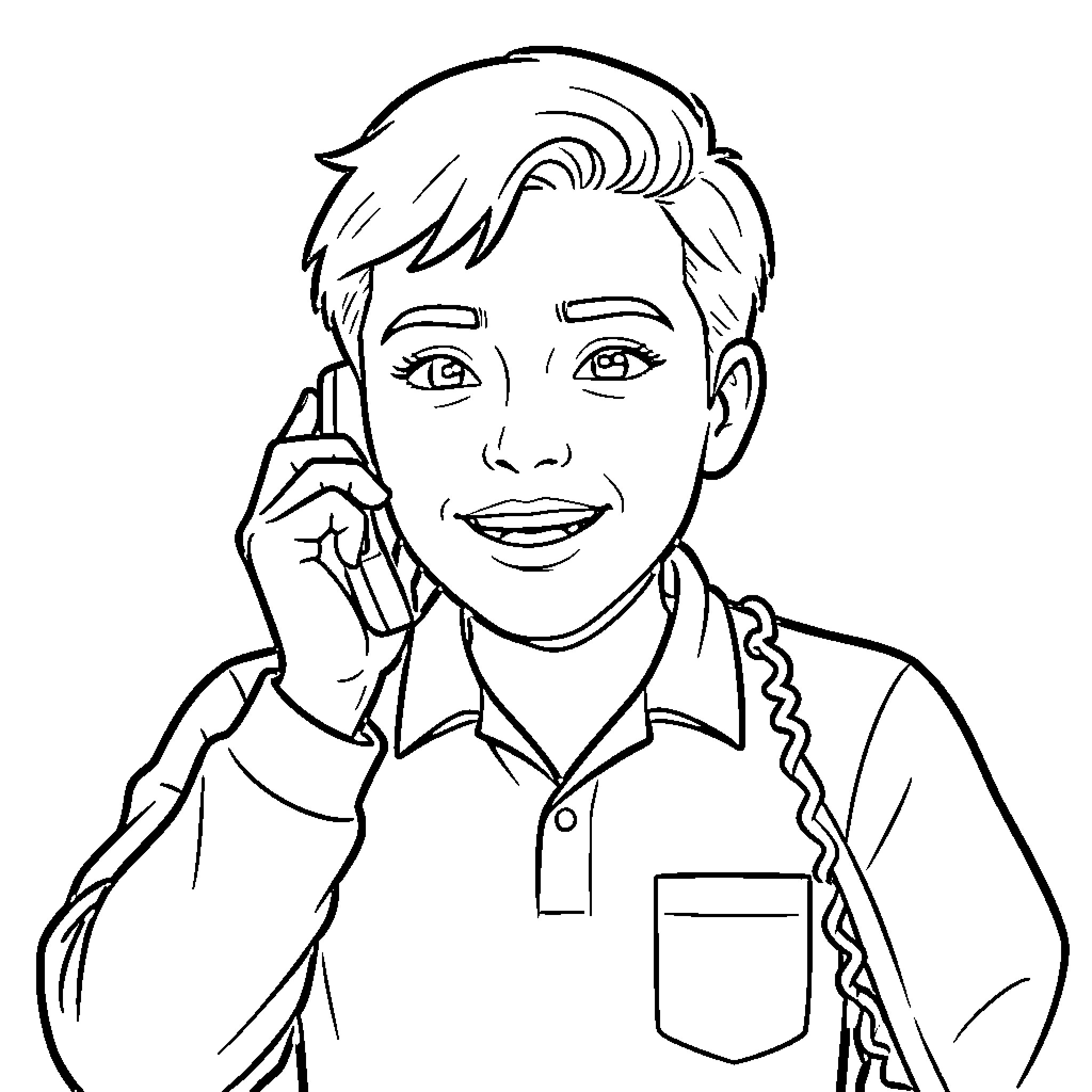 Luan smiling while talking on a mobile phone Coloring Page (free black-and-white line drawing printable PDF for all, from beginners to advanced learners, including children, teens, adults, and seniors)