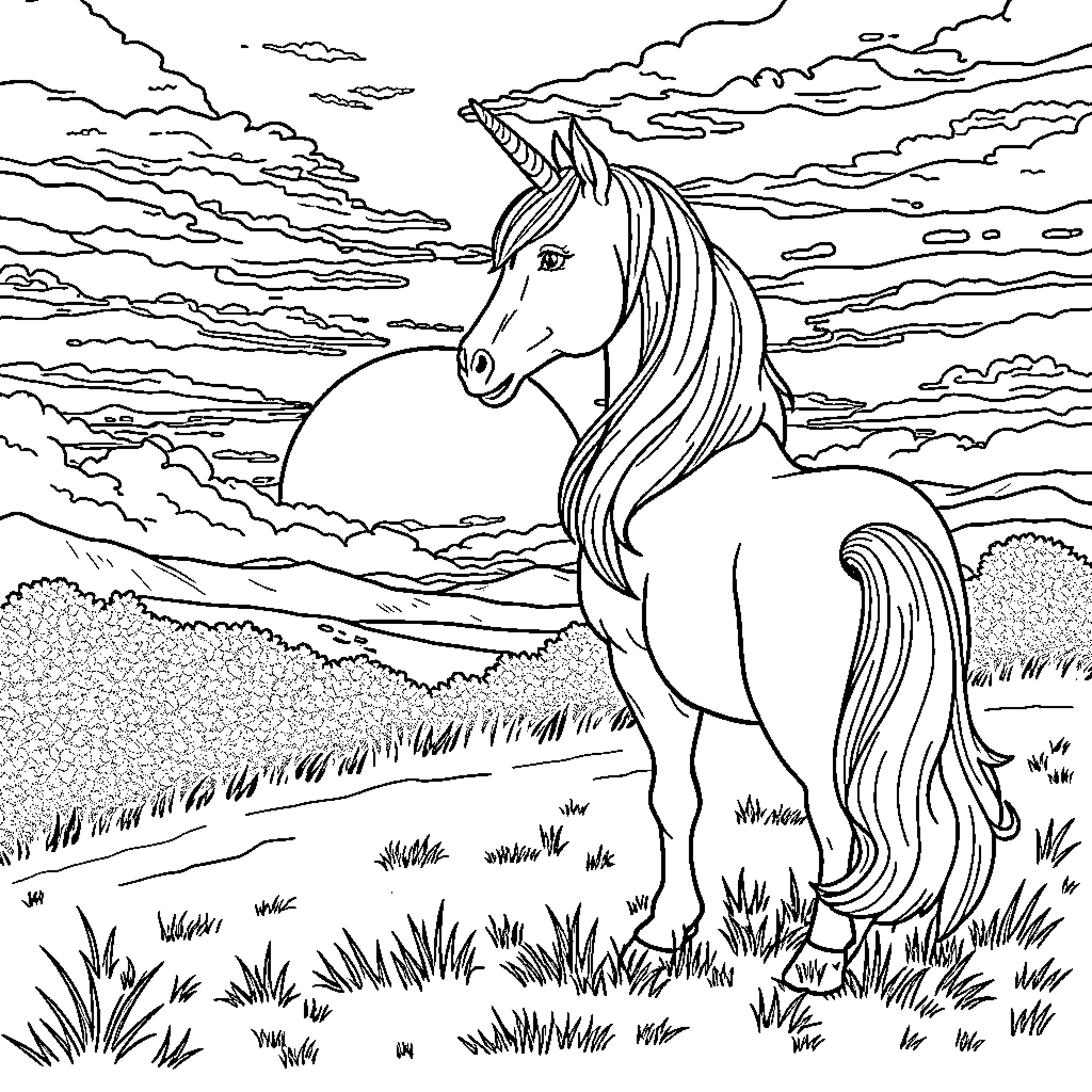 Unicorn strolling through a magical landscape Coloring Page (free black-and-white line drawing printable PDF for all, from beginners to advanced learners, including children, teens, adults, and seniors)