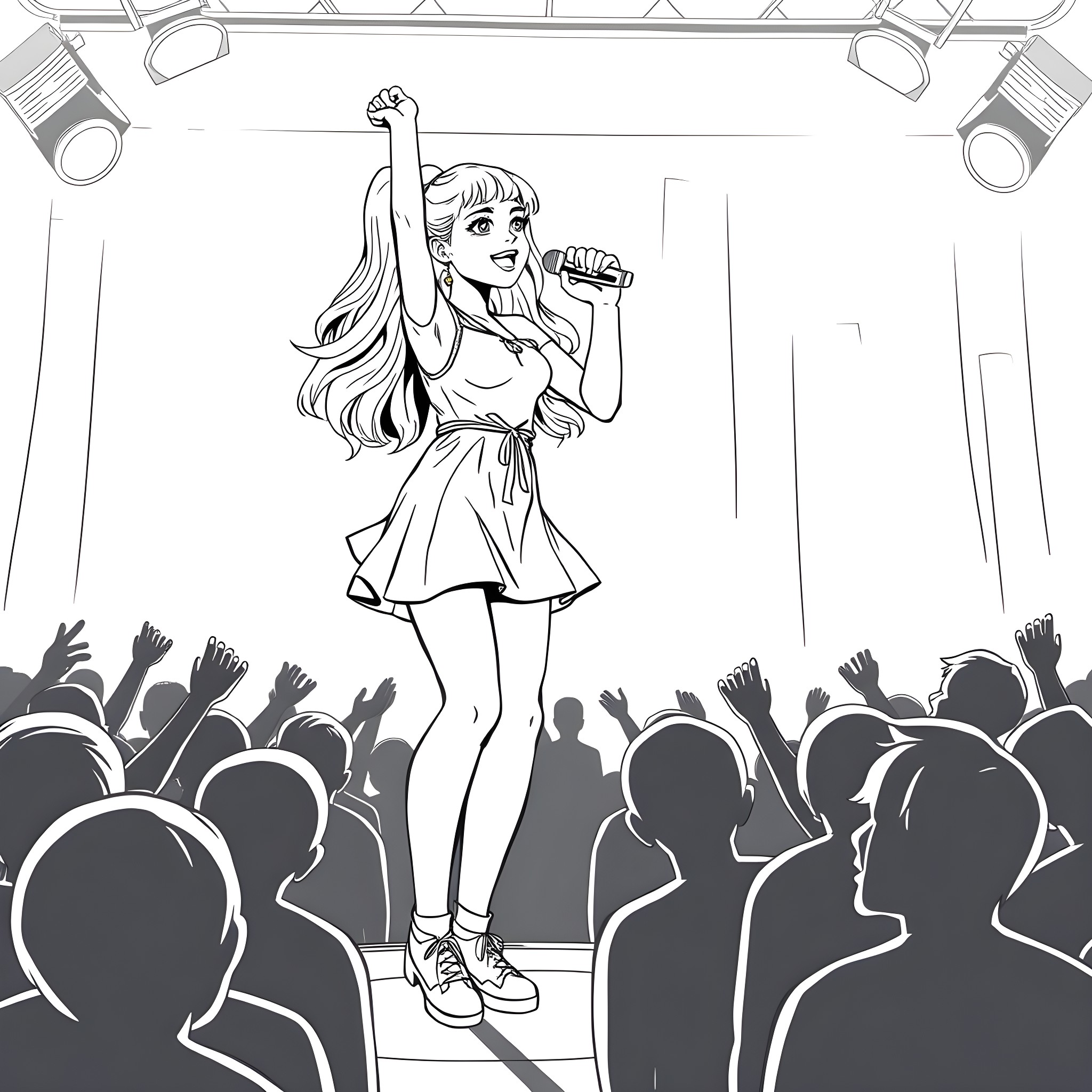 Teen Girl Performing Energetically on Stage Coloring Page (free black-and-white line drawing printable PDF for all, from beginners to advanced learners, including children, teens, adults, and seniors)