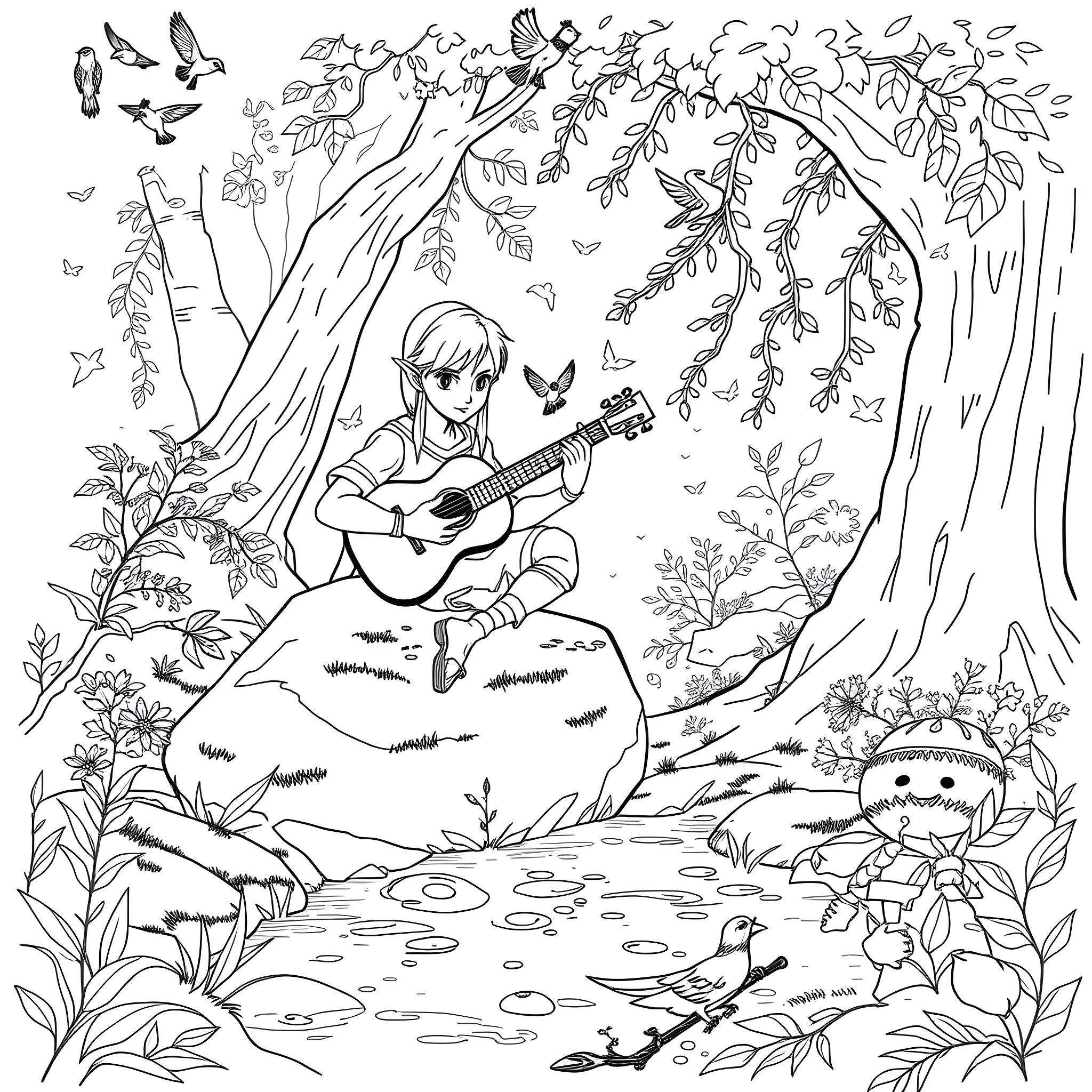 Link playing guitar in a lush forest Coloring Page (free black-and-white line drawing printable PDF for all, from beginners to advanced learners, including children, teens, adults, and seniors)