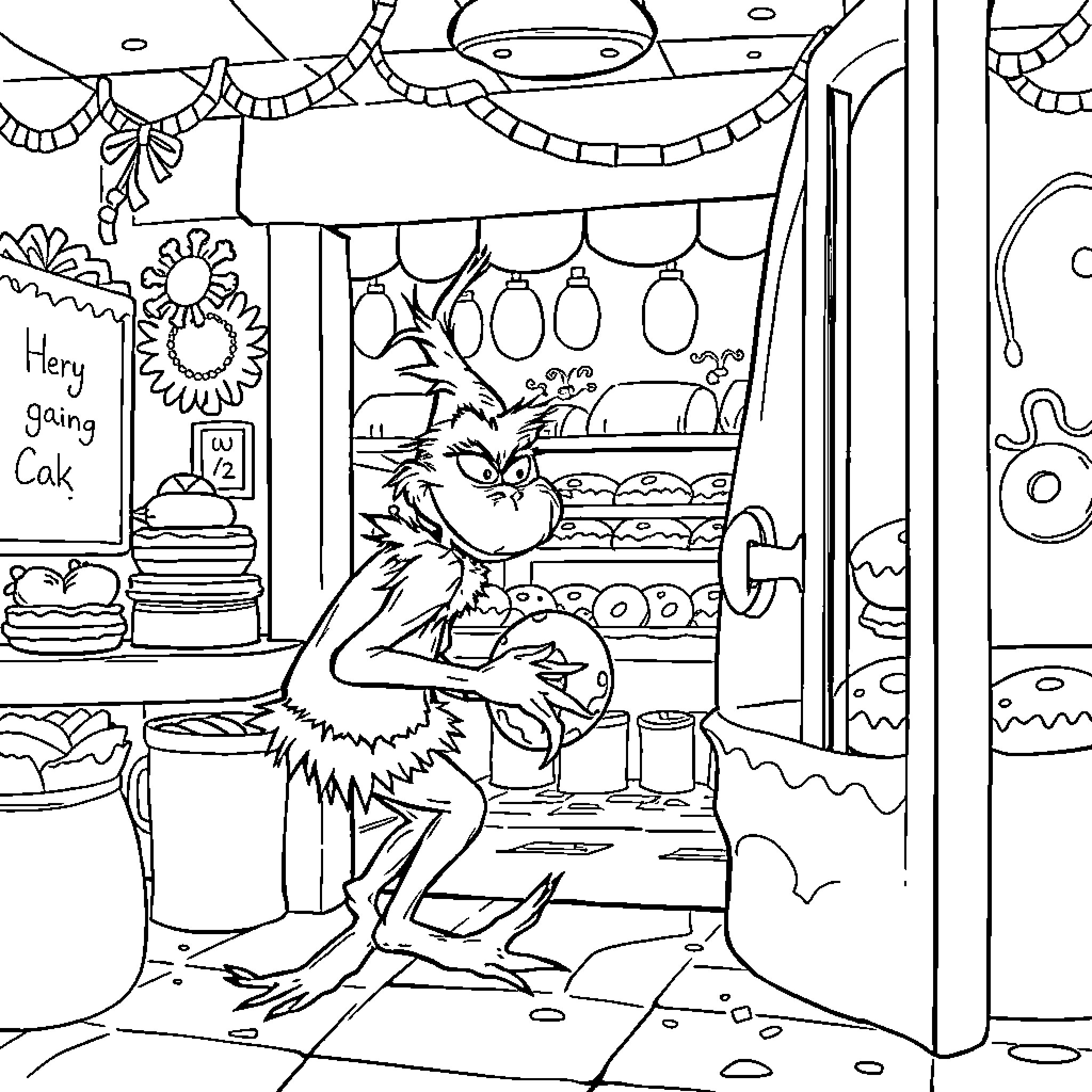 Grinch preparing a cake in a festive bakery Coloring Page (free black-and-white line drawing printable PDF for all, from beginners to advanced learners, including children, teens, adults, and seniors)