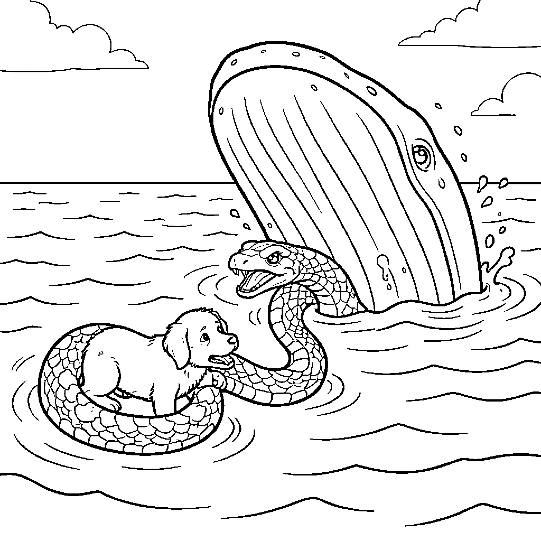 Dog playing with snake in the ocean Coloring Page (free black-and-white line drawing printable PDF for all, from beginners to advanced learners, including children, teens, adults, and seniors)