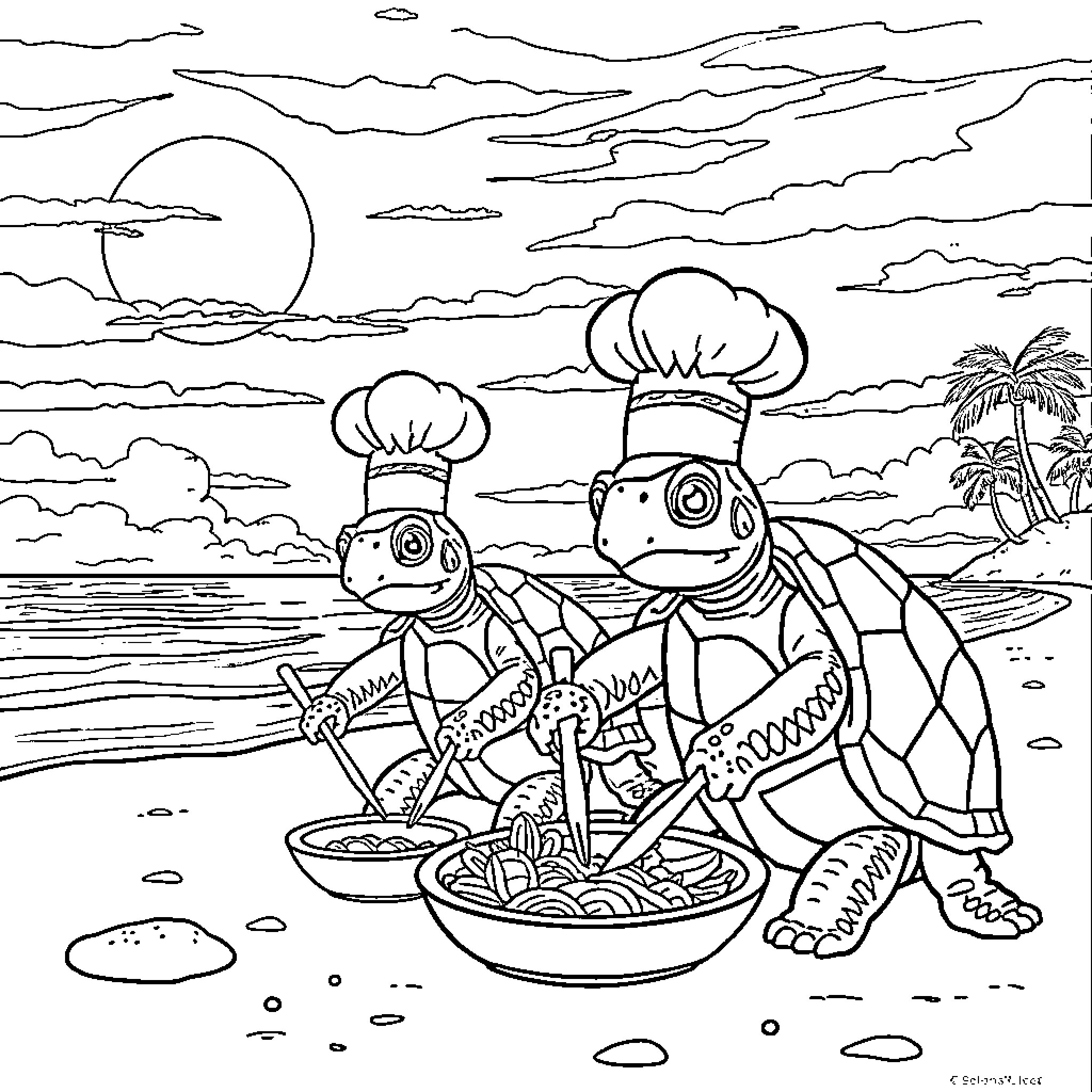 Turtle chefs cooking up a tropical feast Coloring Page (free black-and-white line drawing printable PDF for all, from beginners to advanced learners, including children, teens, adults, and seniors)
