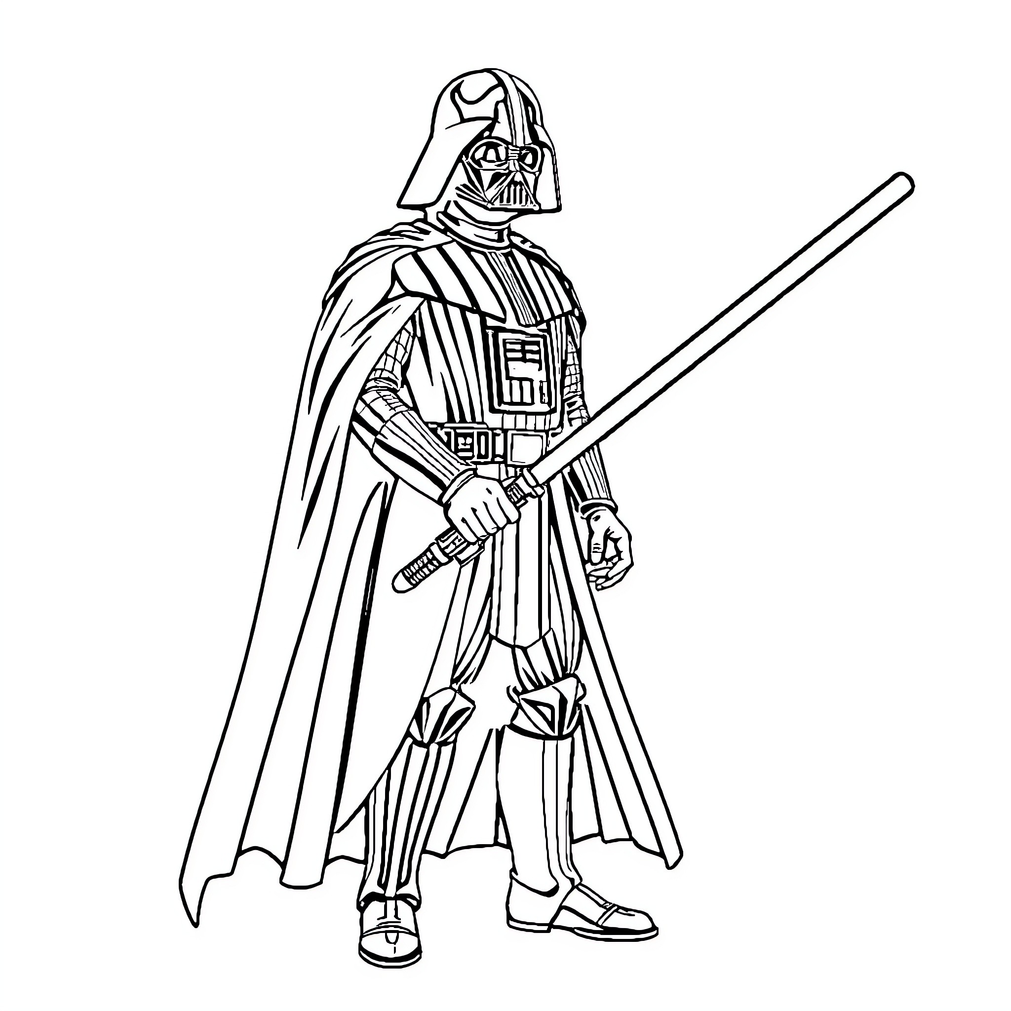 Darth Vader in iconic pose with lightsaber Coloring Page (free black-and-white line drawing printable PDF for all, from beginners to advanced learners, including children, teens, adults, and seniors)