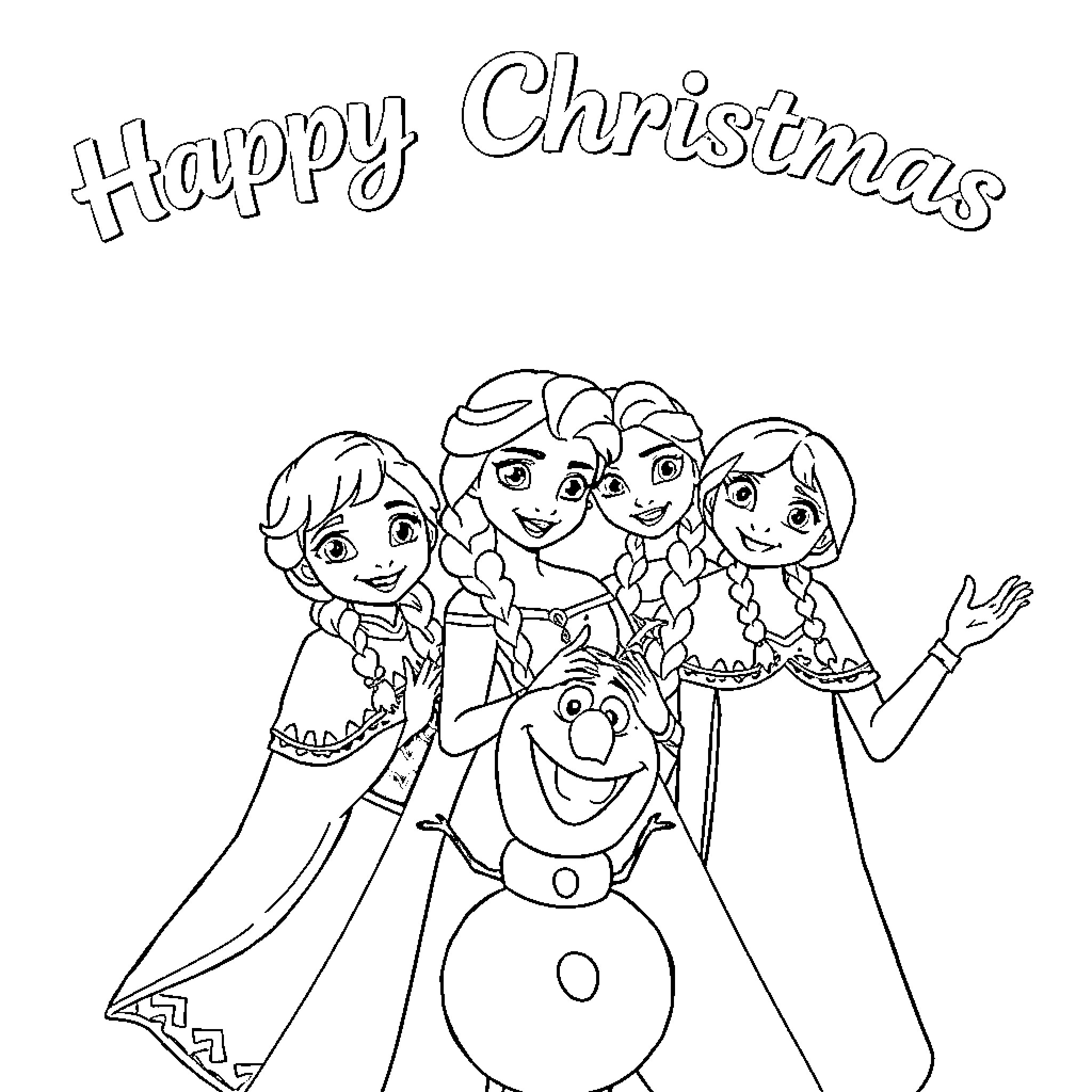 Frozen Characters Celebrating Christmas Together Coloring Page (free black-and-white line drawing printable PDF for all, from beginners to advanced learners, including children, teens, adults, and seniors)