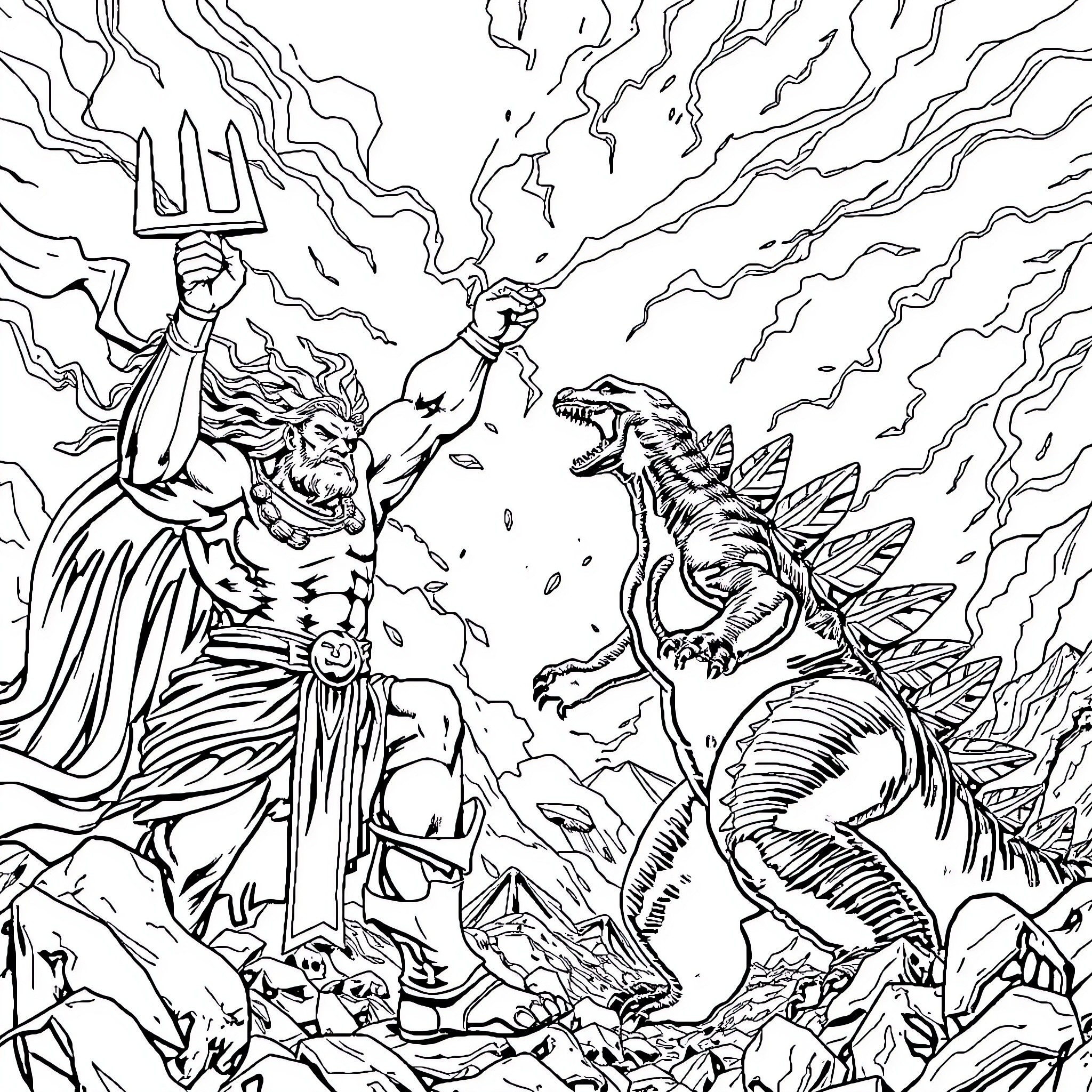 Zeus wielding lightning, confronting a mythical beast Coloring Page (free black-and-white line drawing printable PDF for all, from beginners to advanced learners, including children, teens, adults, and seniors)