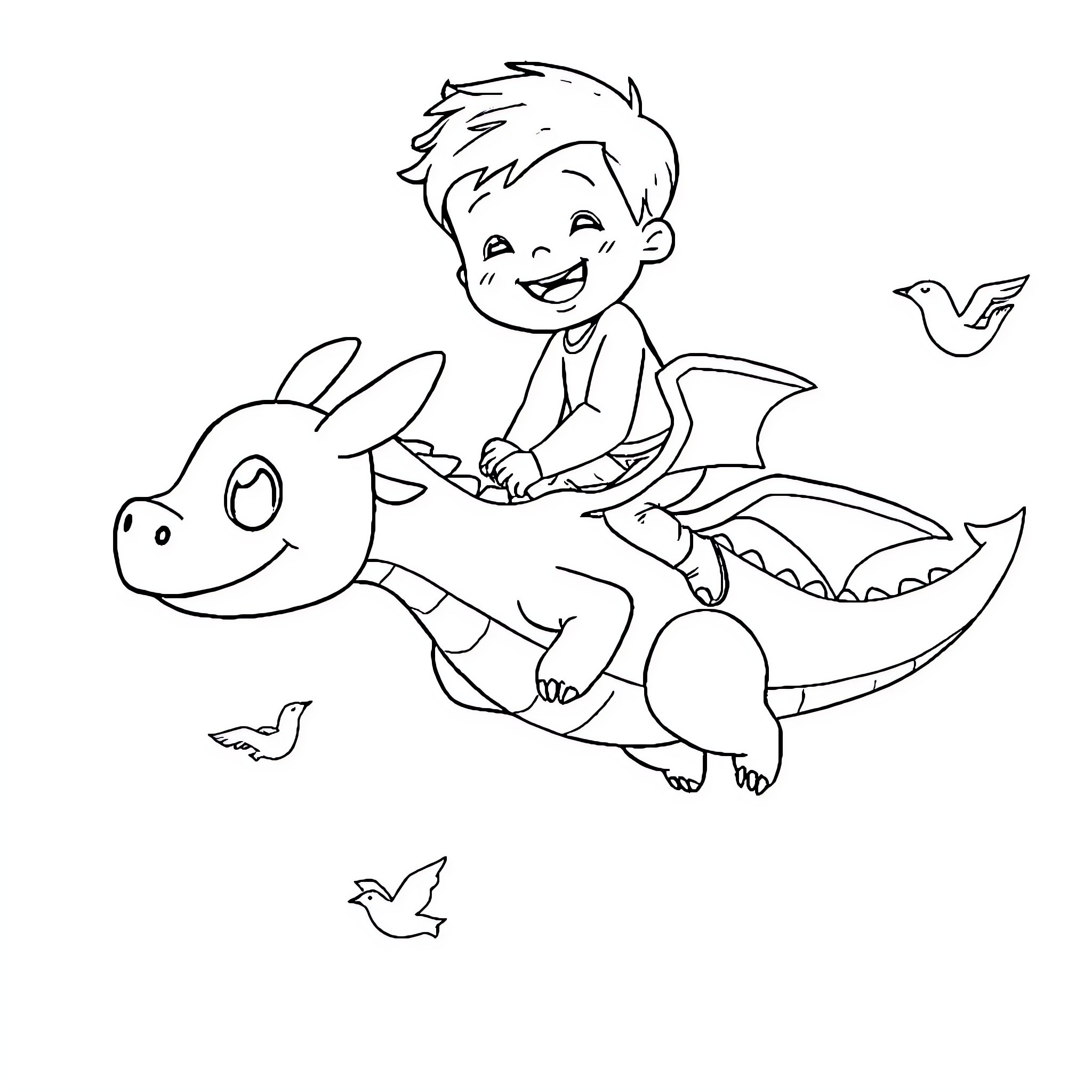 Boy riding a friendly dragon with birds Coloring Page (free black-and-white line drawing printable PDF for all, from beginners to advanced learners, including children, teens, adults, and seniors)