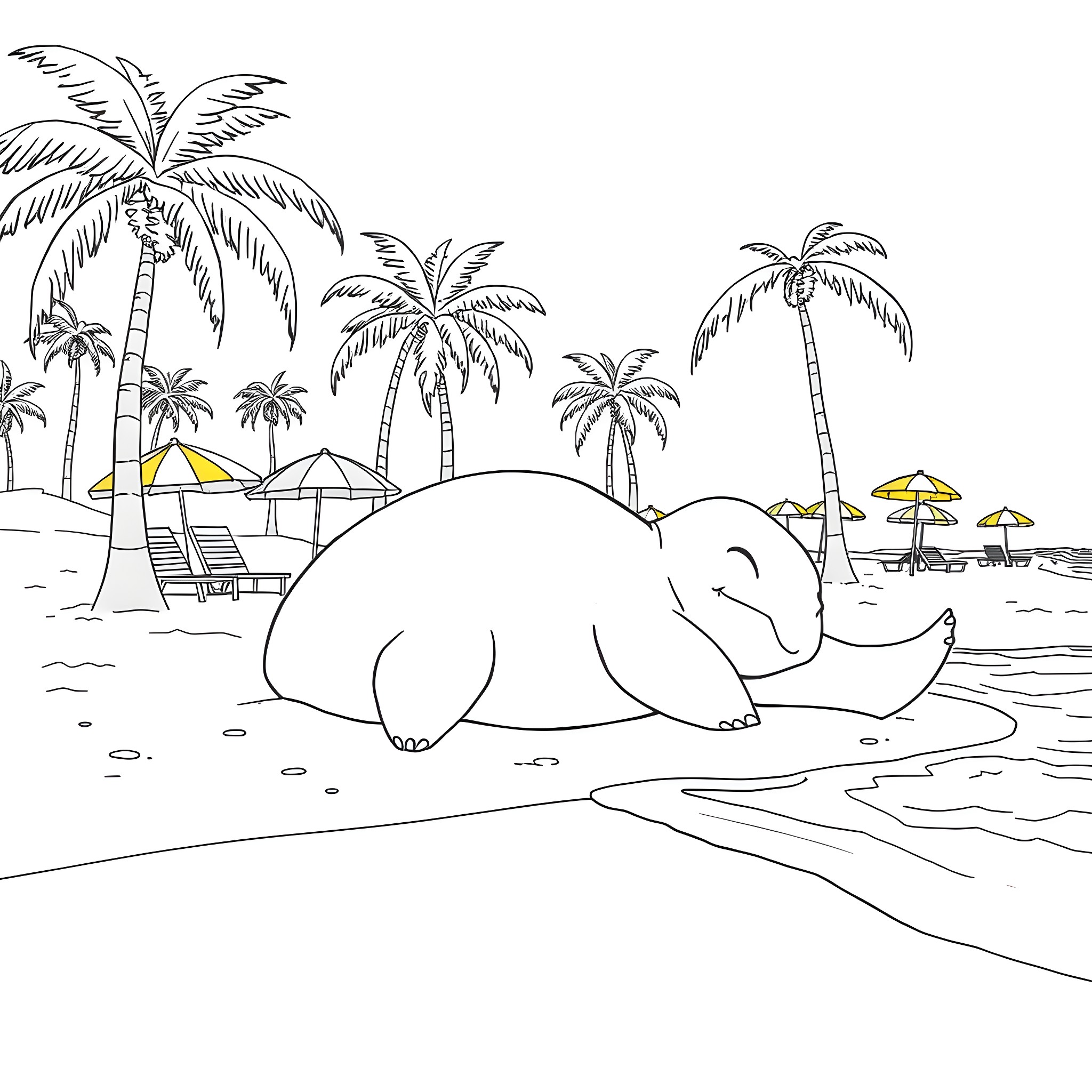 Snorlax relaxing on the beach under palm trees Coloring Page (free black-and-white line drawing printable PDF for all, from beginners to advanced learners, including children, teens, adults, and seniors)