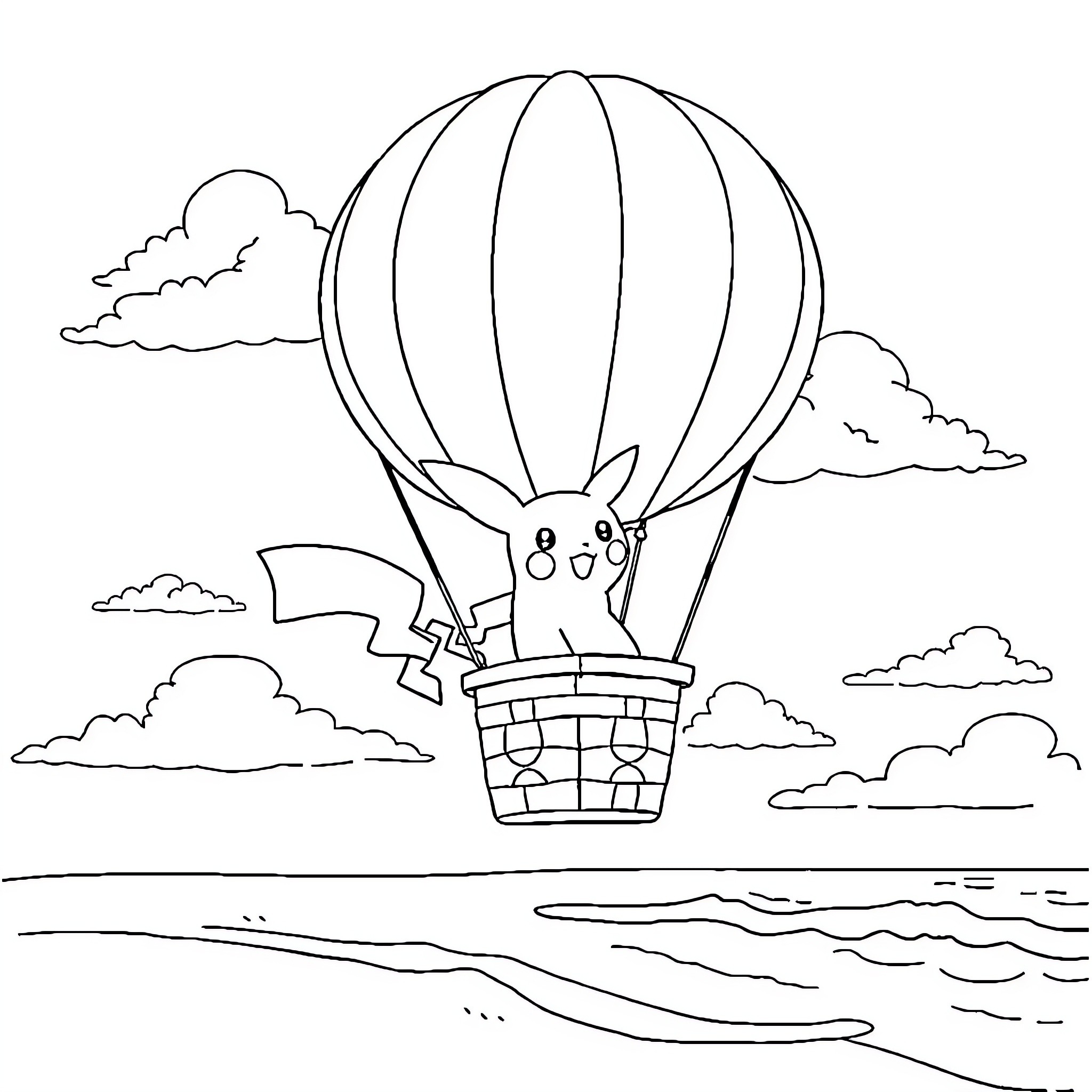 Pokémon characters riding a hot air balloon over the ocean Coloring Page (free black-and-white line drawing printable PDF for all, from beginners to advanced learners, including children, teens, adults, and seniors)