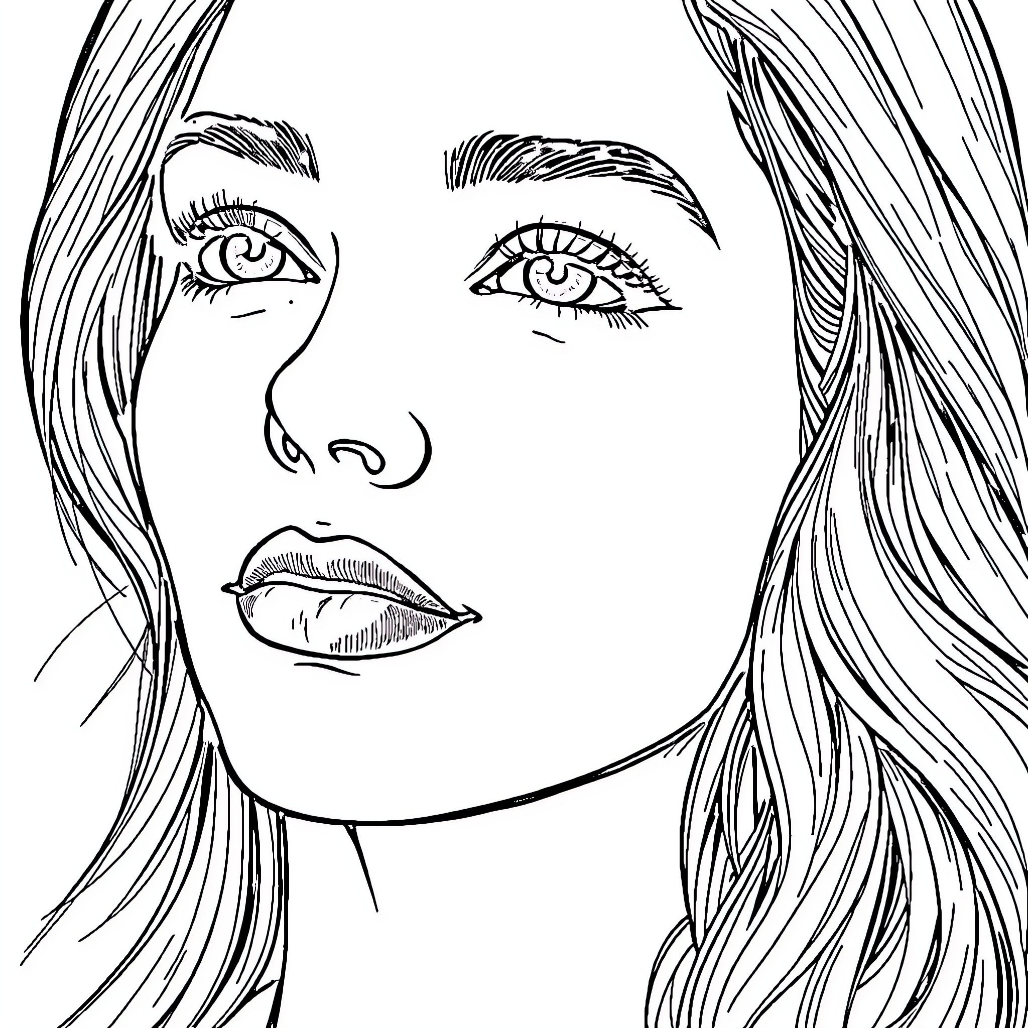 Woman's Thoughtful Expression in Black and White Coloring Page (free black-and-white line drawing printable PDF for all, from beginners to advanced learners, including children, teens, adults, and seniors)