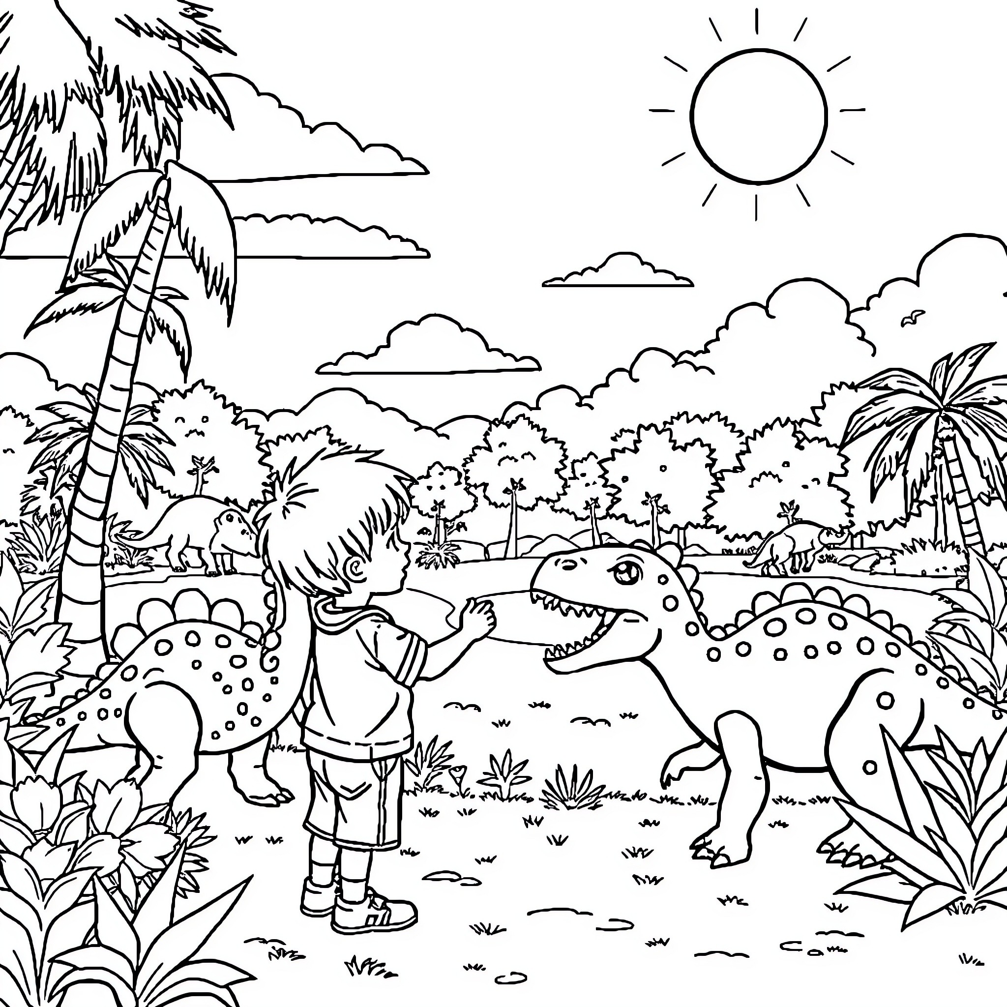 Boy exploring the tropical jungle with dinosaurs Coloring Page (free black-and-white line drawing printable PDF for all, from beginners to advanced learners, including children, teens, adults, and seniors)
