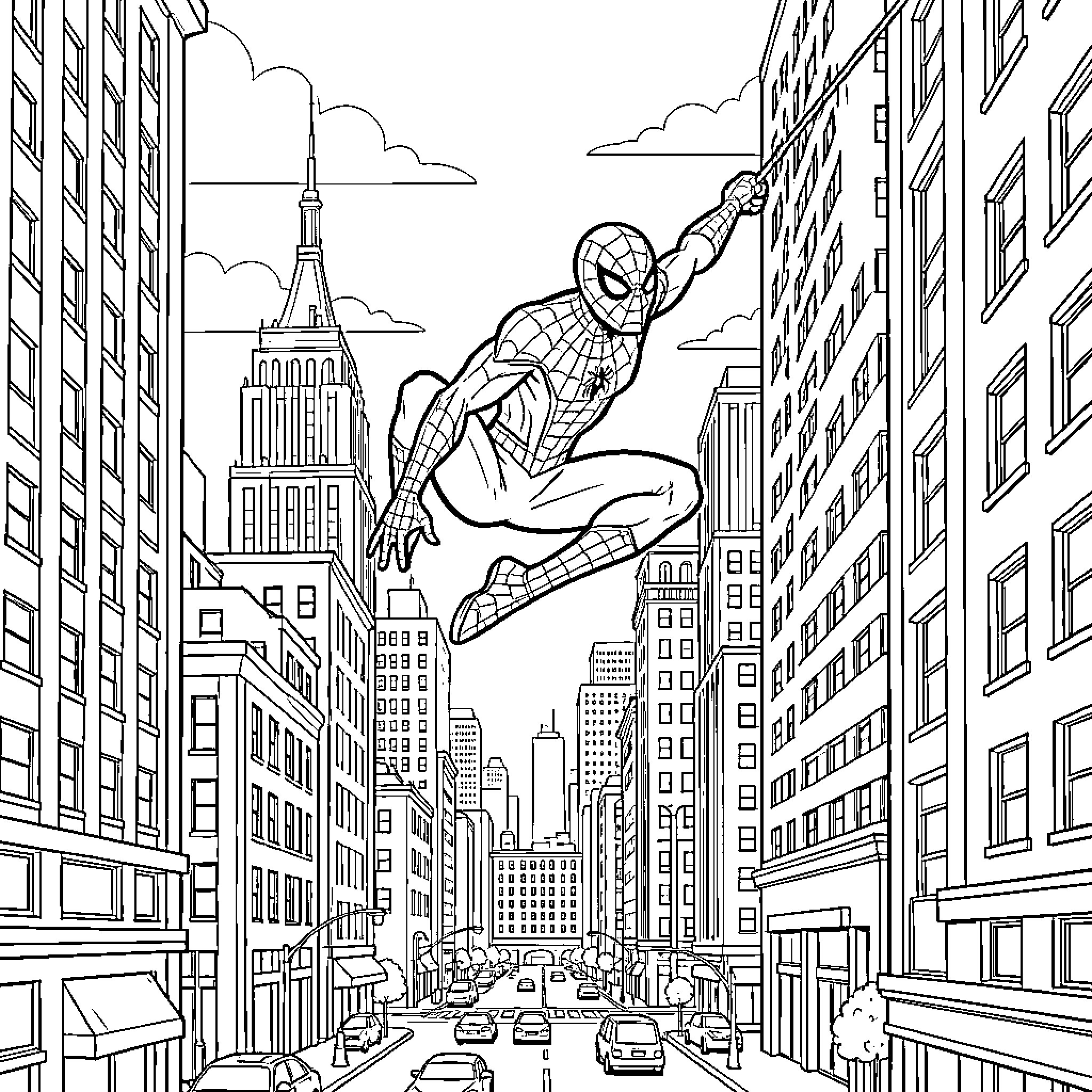 Spiderman swinging through the bustling city Coloring Page (free black-and-white line drawing printable PDF for all, from beginners to advanced learners, including children, teens, adults, and seniors)