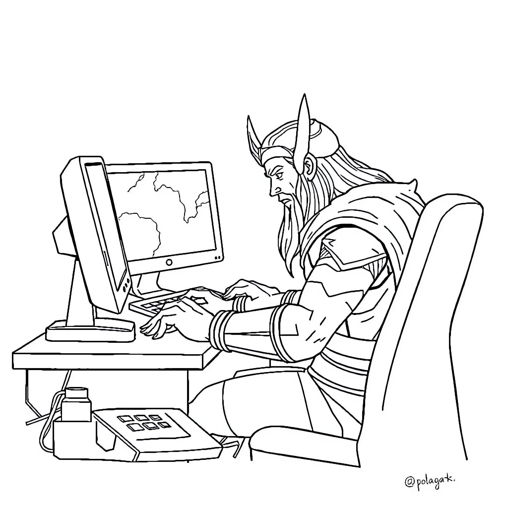 Thor Working Diligently on a Computer Coloring Page (free black-and-white line drawing printable PDF for all, from beginners to advanced learners, including children, teens, adults, and seniors)