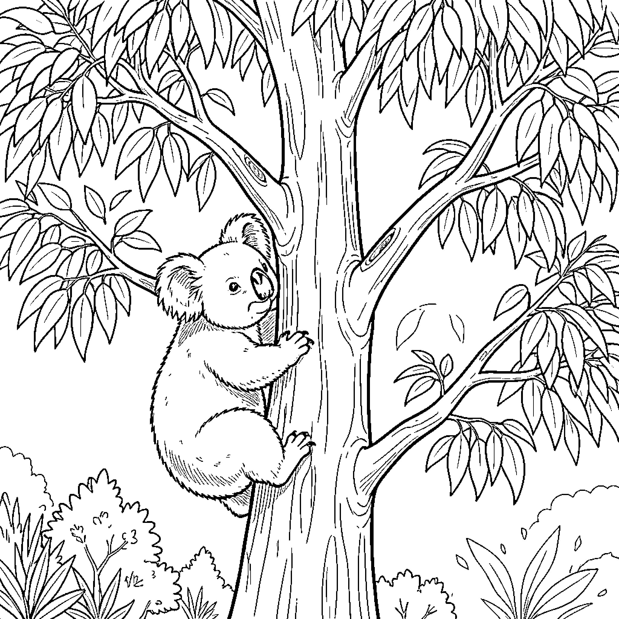 Koala climbing up a tree in the forest Coloring Page (free black-and-white line drawing printable PDF for all, from beginners to advanced learners, including children, teens, adults, and seniors)