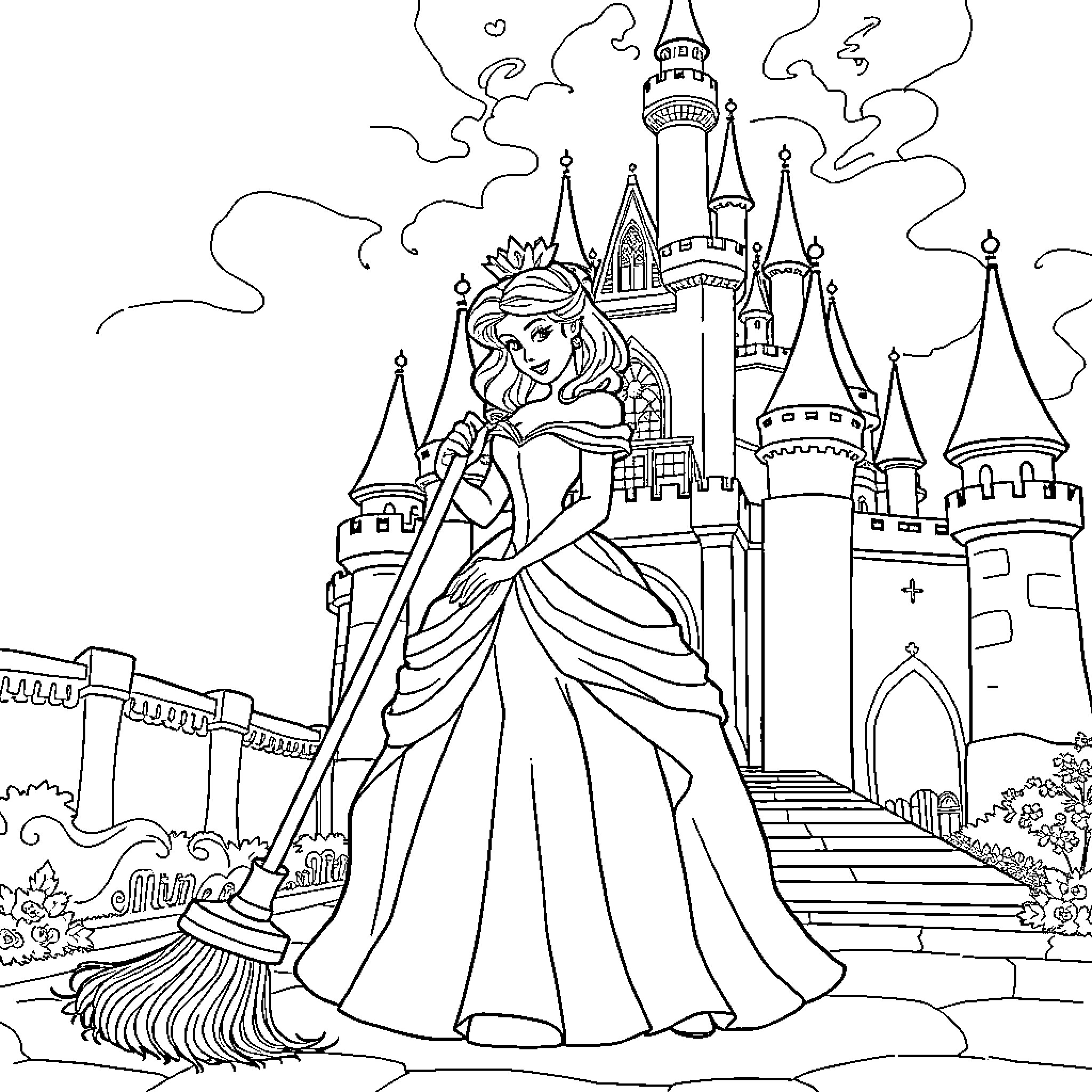 Princess Sweeps the Castle Courtyard Coloring Page (free black-and-white line drawing printable PDF for all, from beginners to advanced learners, including children, teens, adults, and seniors)