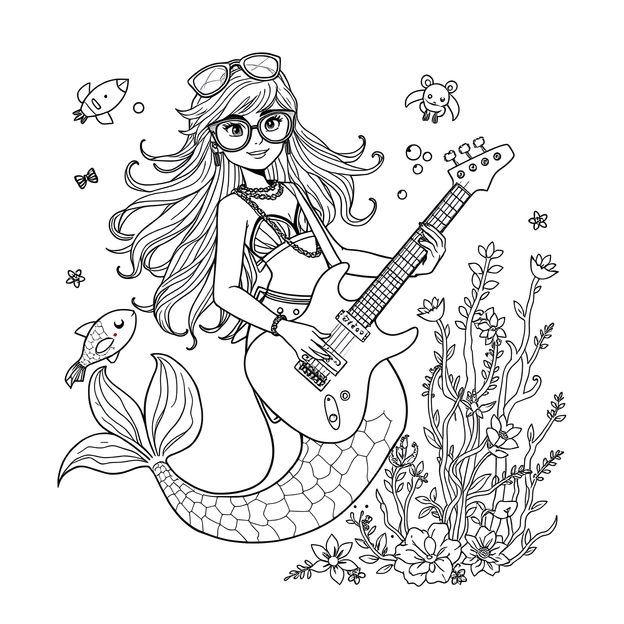 Mermaid playing guitar and surrounded by marine life Coloring Page (free black-and-white line drawing printable PDF for all, from beginners to advanced learners, including children, teens, adults, and seniors)