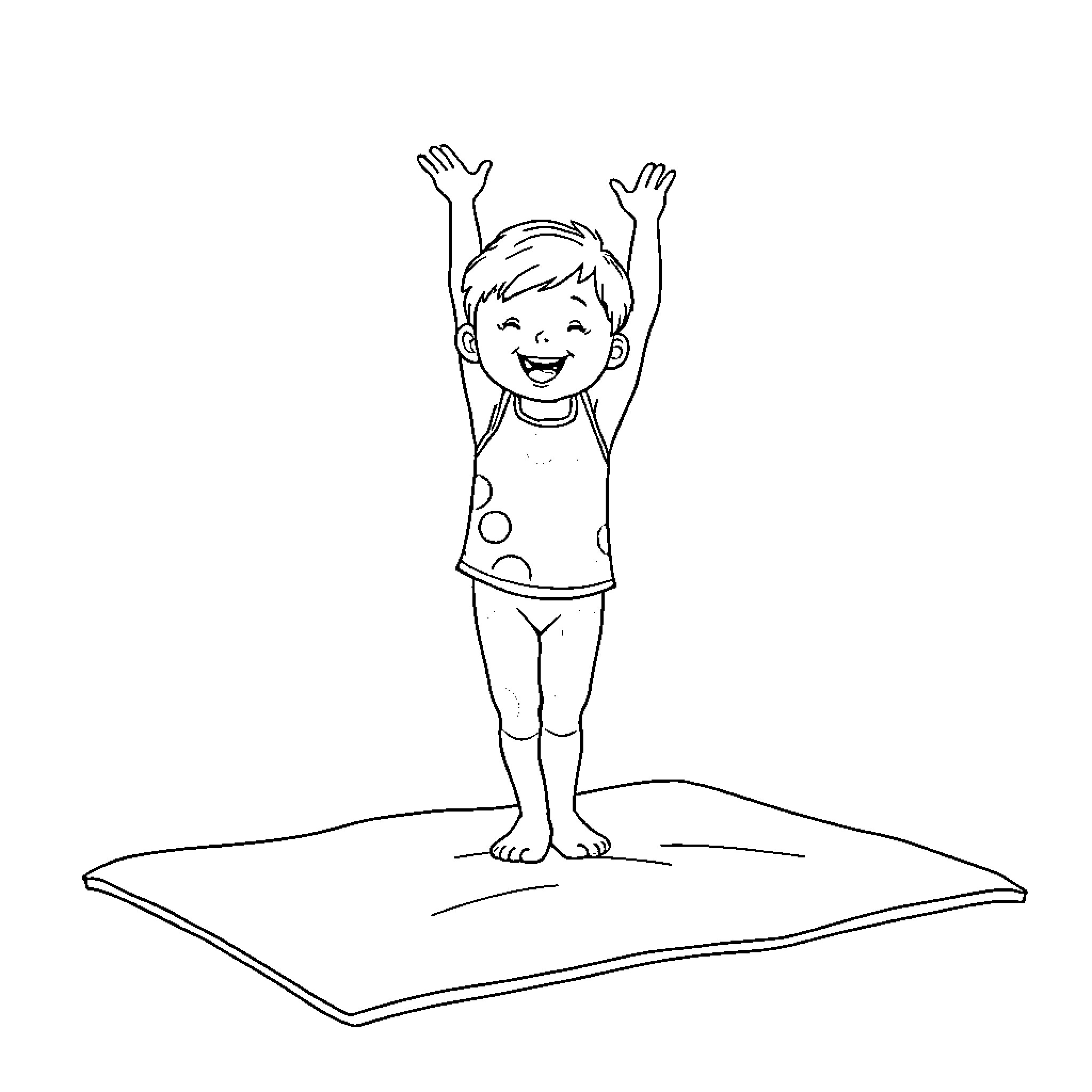 Kid jumping with joy on cushion Coloring Page (free black-and-white line drawing printable PDF for all, from beginners to advanced learners, including children, teens, adults, and seniors)