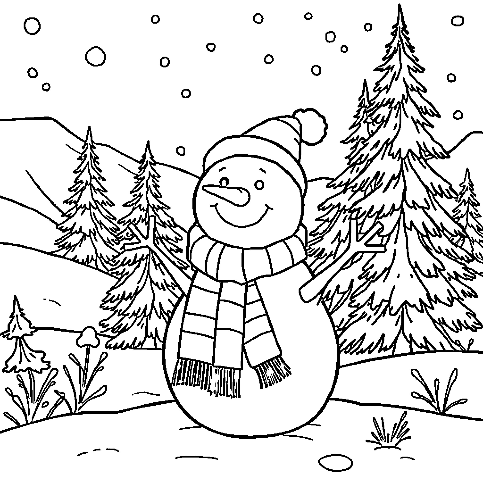 Snowman enjoying a snowy winter landscape Coloring Page (free black-and-white line drawing printable PDF for all, from beginners to advanced learners, including children, teens, adults, and seniors)