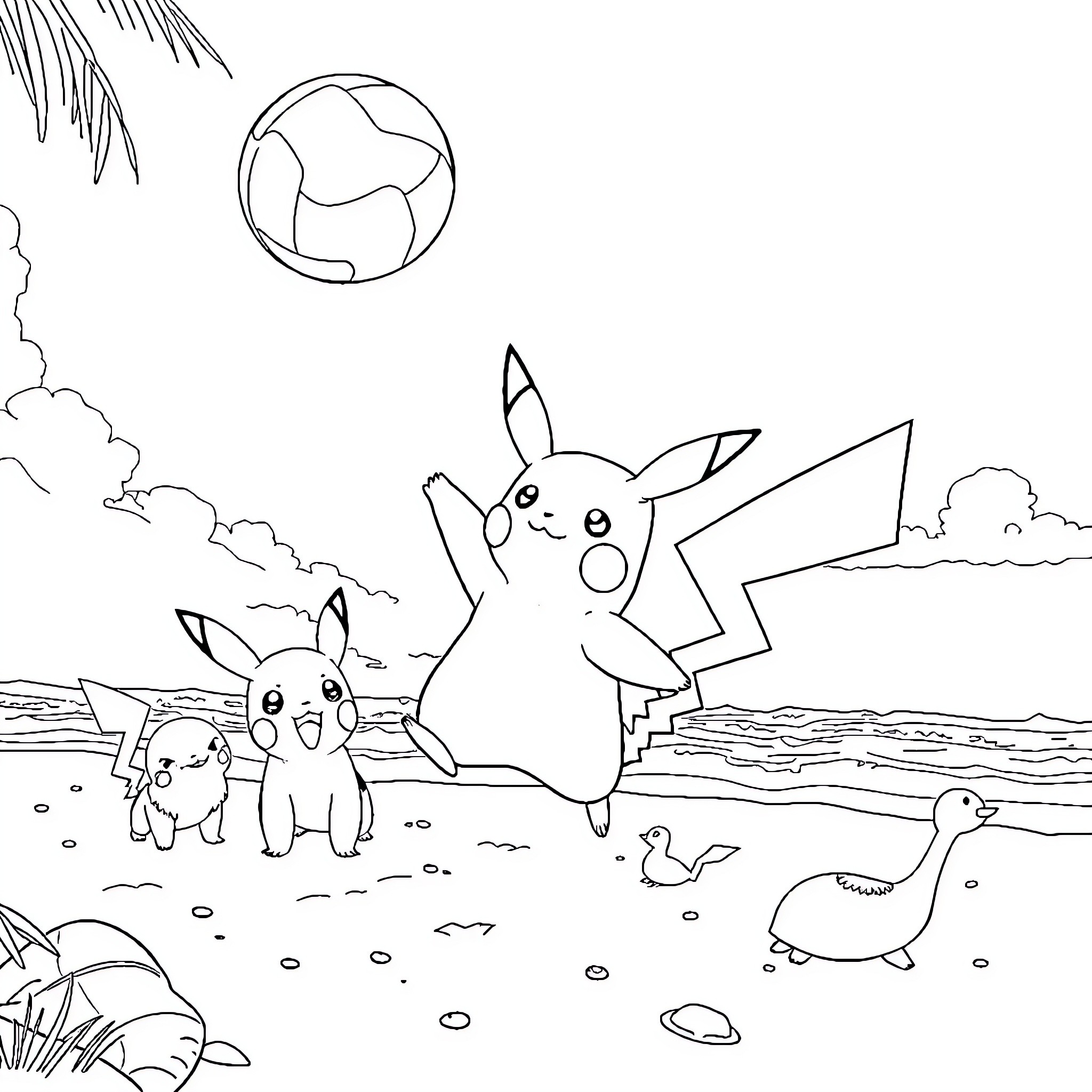 Pikachu and friends enjoying an outdoor adventure Coloring Page (free black-and-white line drawing printable PDF for all, from beginners to advanced learners, including children, teens, adults, and seniors)