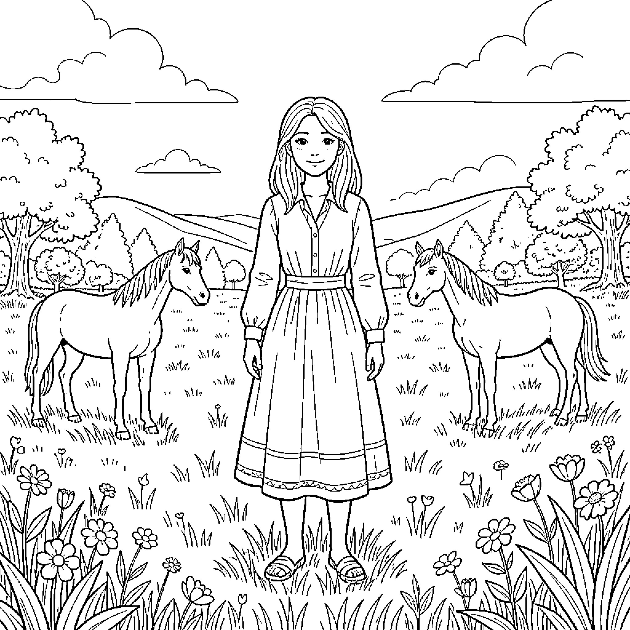 Amy Fleming standing in a meadow with two horses Coloring Page (free black-and-white line drawing printable PDF for all, from beginners to advanced learners, including children, teens, adults, and seniors)