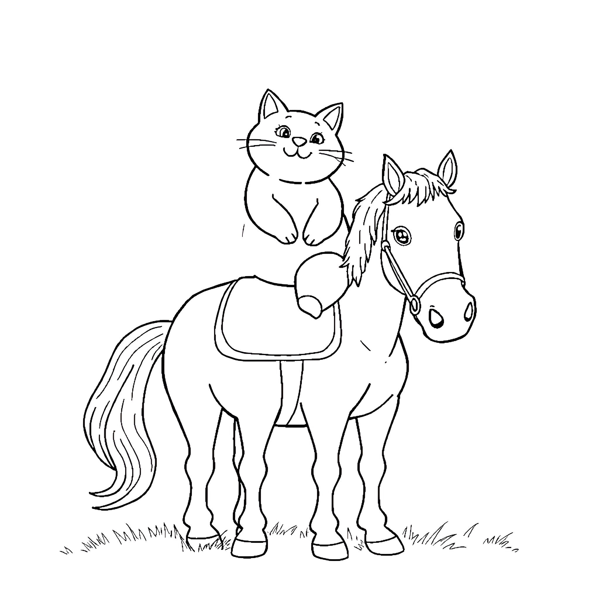 Cat and Horse: Playful Companions Coloring Page (free black-and-white line drawing printable PDF for all, from beginners to advanced learners, including children, teens, adults, and seniors)