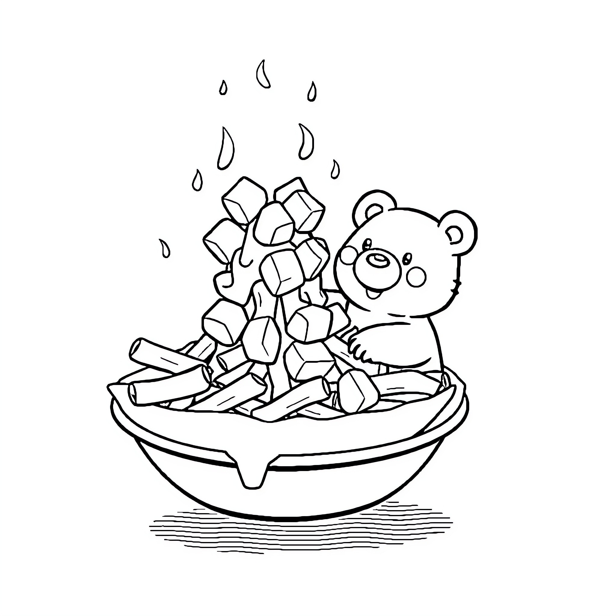 Poutine with a Cute Bear Enjoying the Meal Coloring Page (free black-and-white line drawing printable PDF for all, from beginners to advanced learners, including children, teens, adults, and seniors)
