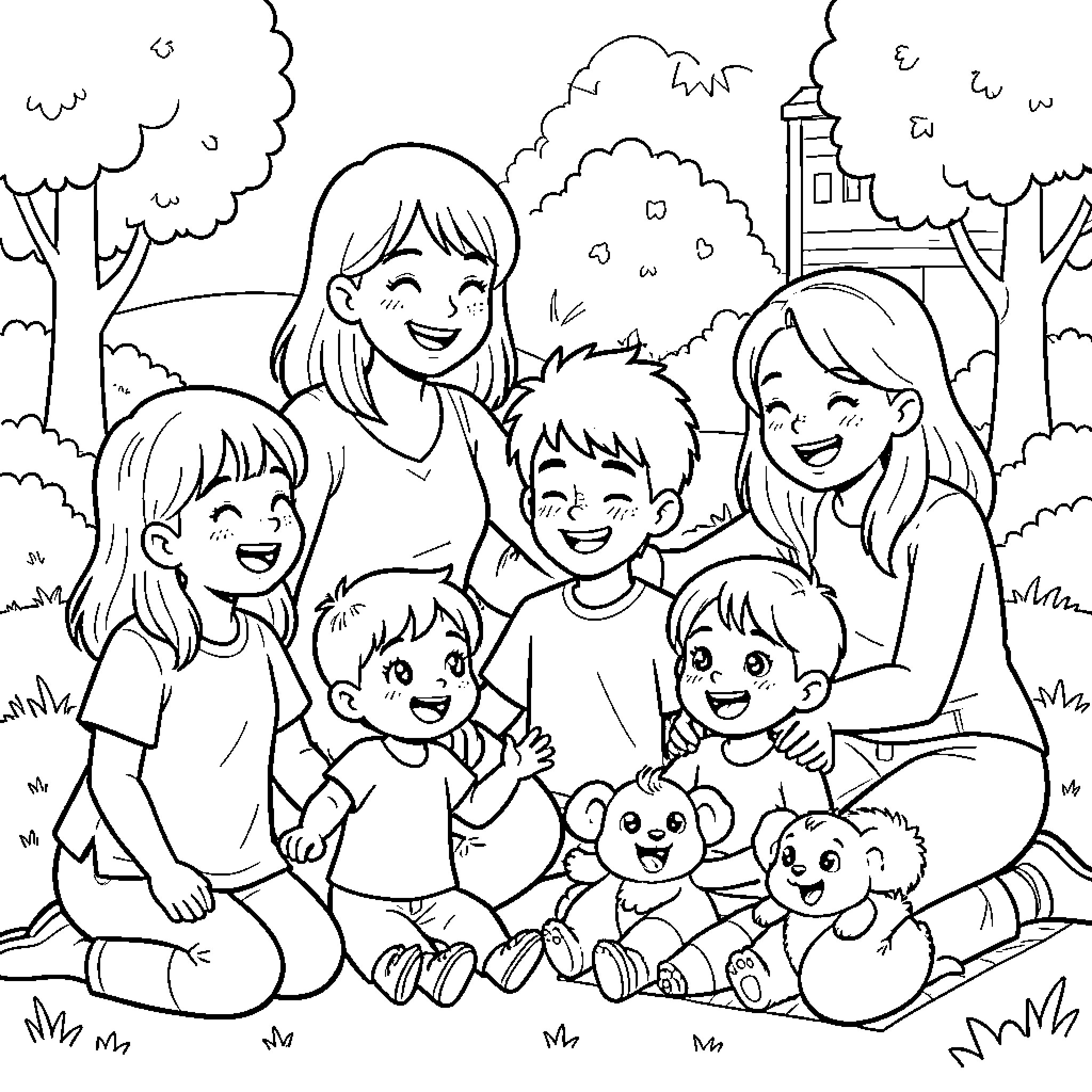 Family Enjoying a Peaceful Outing in the Park Coloring Page (free black-and-white line drawing printable PDF for all, from beginners to advanced learners, including children, teens, adults, and seniors)