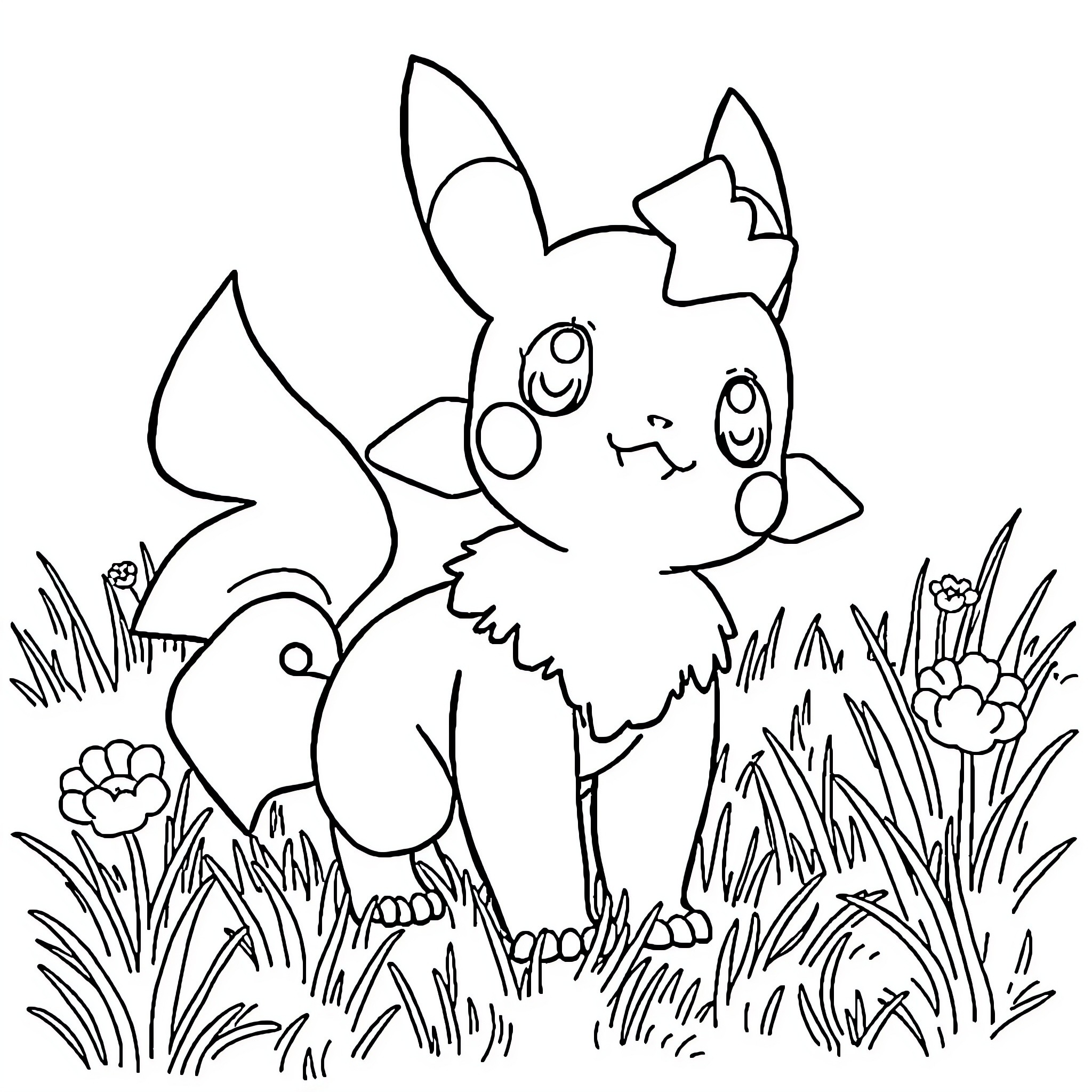 Pokémon Cute Creature Playing in Grassy Field Coloring Page (free black-and-white line drawing printable PDF for all, from beginners to advanced learners, including children, teens, adults, and seniors)