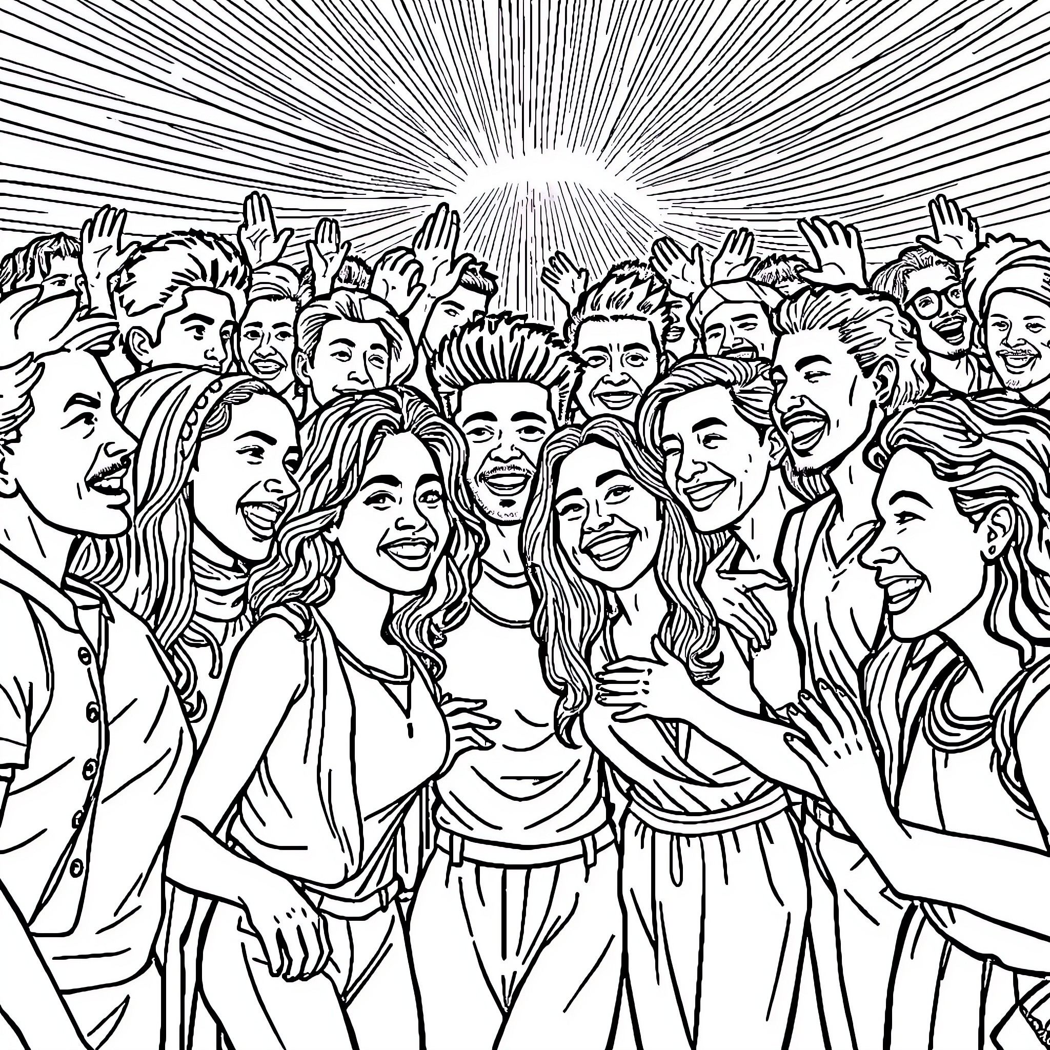 Friendship among a joyful crowd Coloring Page (free black-and-white line drawing printable PDF for all, from beginners to advanced learners, including children, teens, adults, and seniors)