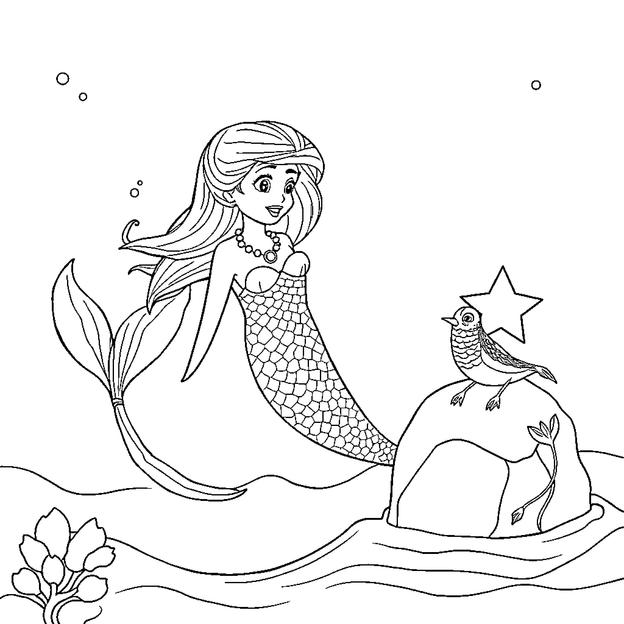 Sirena mermaid in the sea with a bird and plants Coloring Page (free black-and-white line drawing printable PDF for all, from beginners to advanced learners, including children, teens, adults, and seniors)