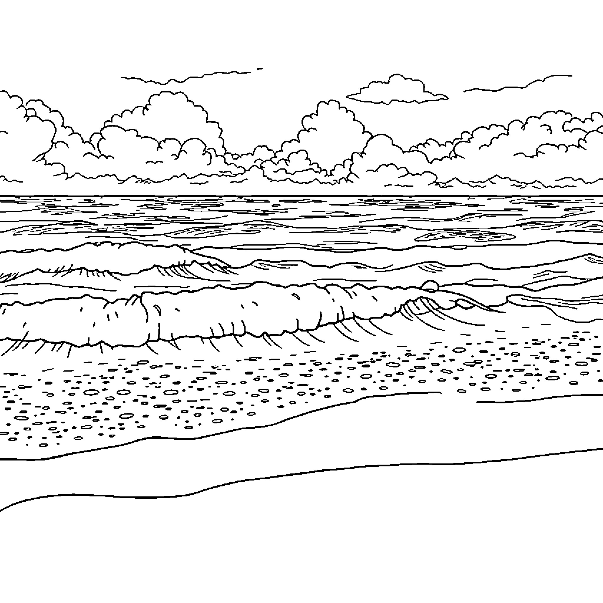 Ocean waves and cloudy sky landscape Coloring Page (free black-and-white line drawing printable PDF for all, from beginners to advanced learners, including children, teens, adults, and seniors)