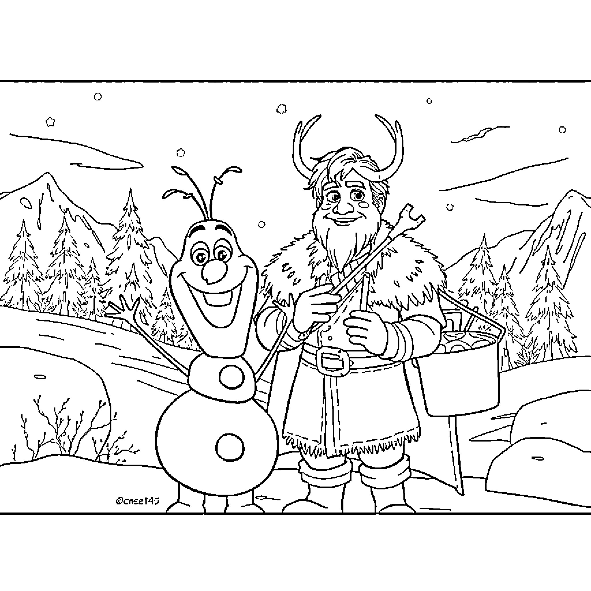 Frozen friends enjoying a winter wonderland Coloring Page (free black-and-white line drawing printable PDF for all, from beginners to advanced learners, including children, teens, adults, and seniors)