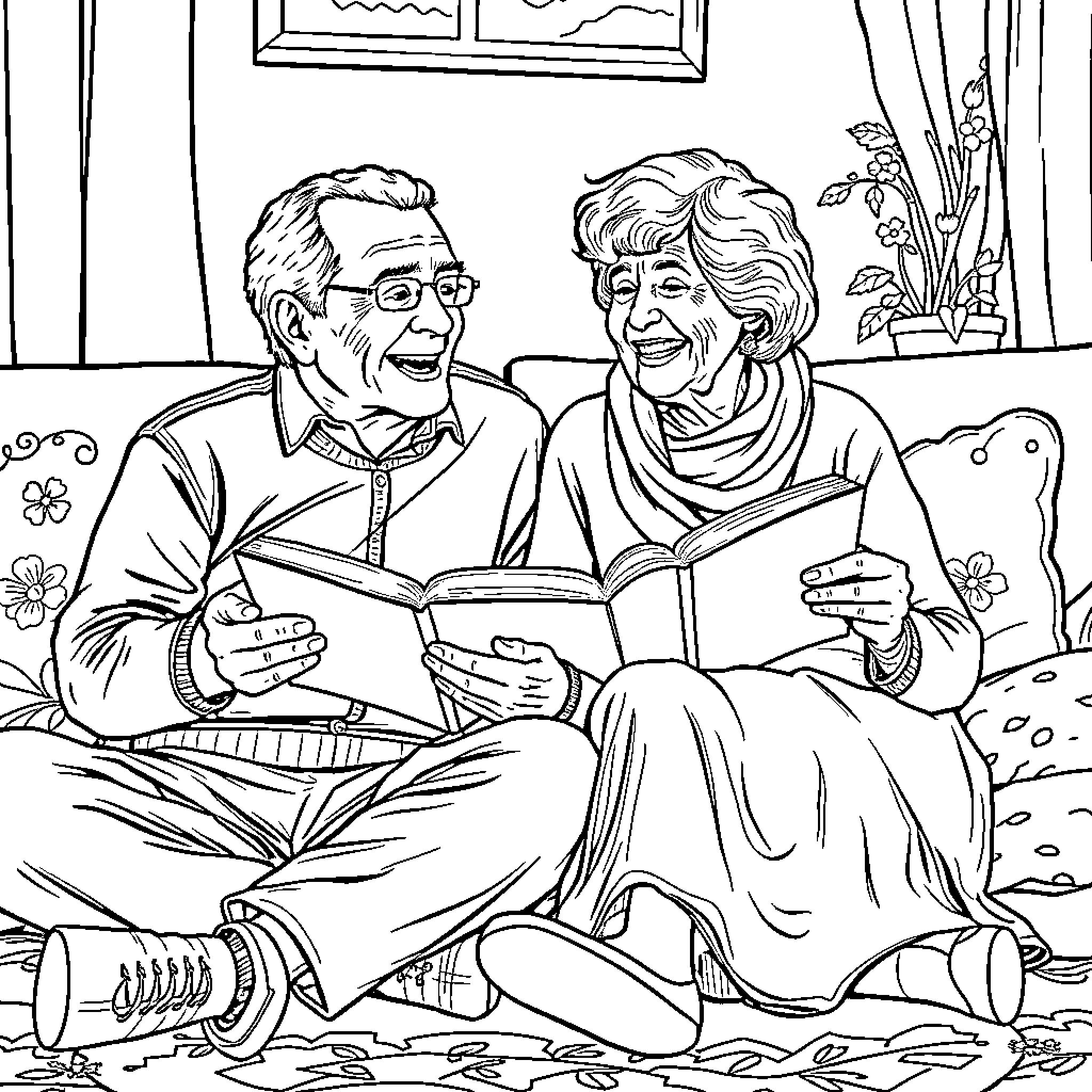 Rory and his Grandmother Sharing a Cozy Moment Coloring Page (free black-and-white line drawing printable PDF for all, from beginners to advanced learners, including children, teens, adults, and seniors)